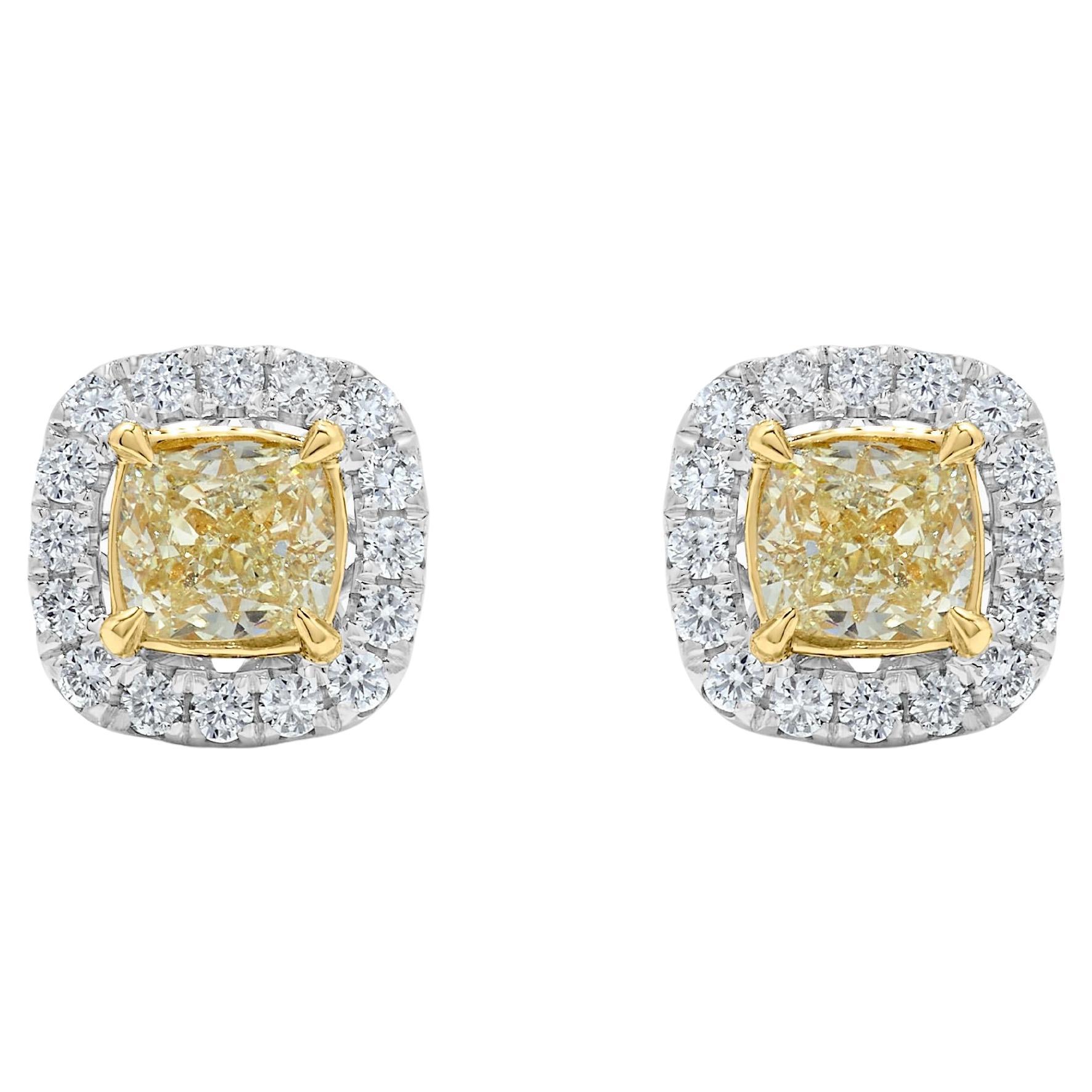 Natural Yellow Cushion Diamond 1.84 Carat TW Gold Stud Earrings