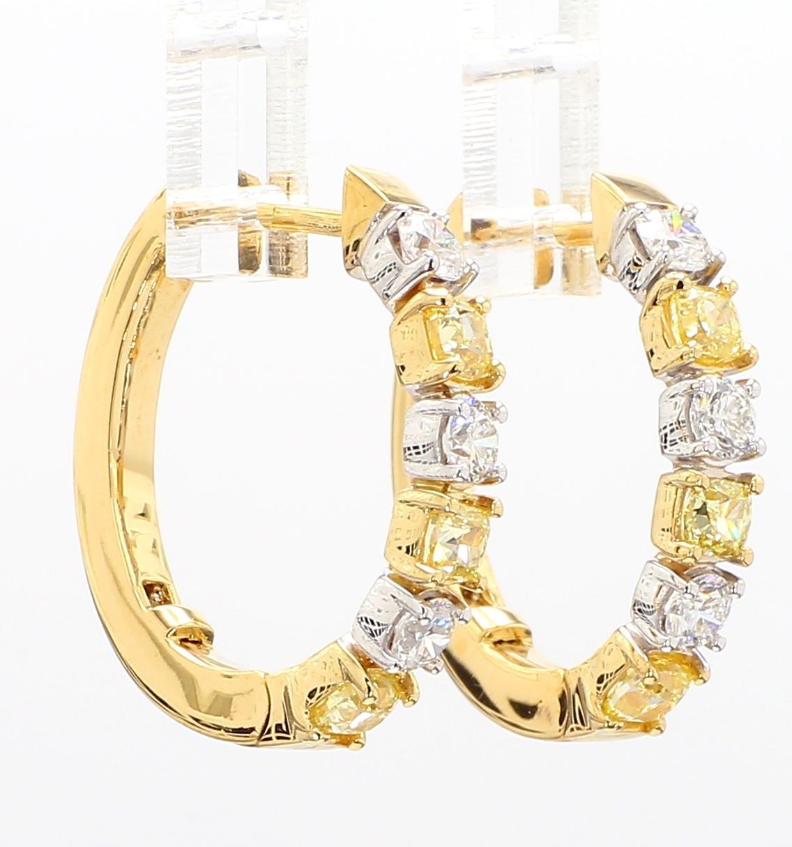 Taglio cuscino Orecchini a cerchio in oro con diamante giallo naturale a cuscino da 1.86 carati TW in vendita