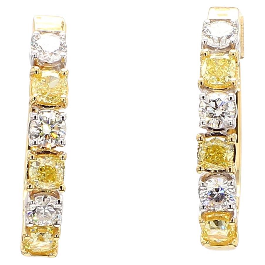 Natural Yellow Cushion Diamond 1.86 Carat TW Gold Hoop Earrings