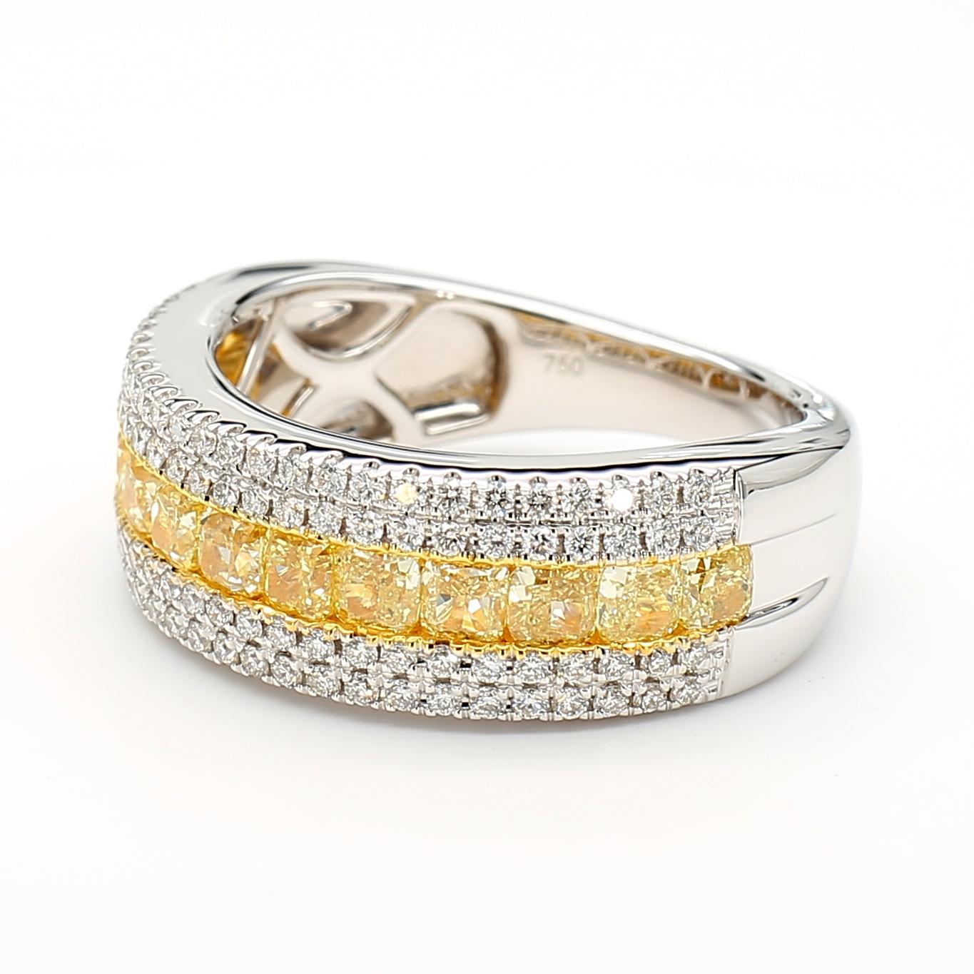 RareGemWorld's beautiful diamond ring. Mounted in a beautiful 18K Yellow and White Gold setting with natural cushion cut yellow diamonds complimented by natural round cut white diamonds. This band is guaranteed to impress and enhance your personal