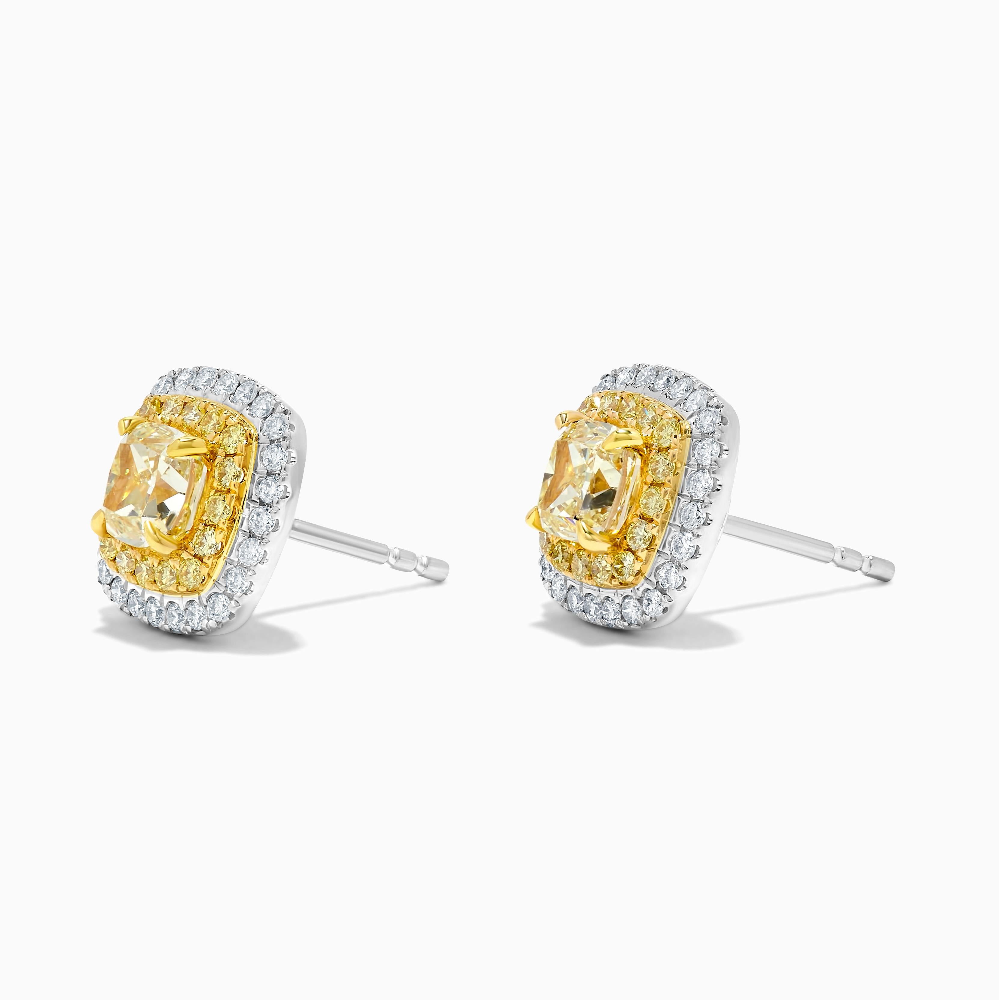 Contemporary Natural Yellow Cushion Diamond 2.10 Carat TW Gold Stud Earrings For Sale