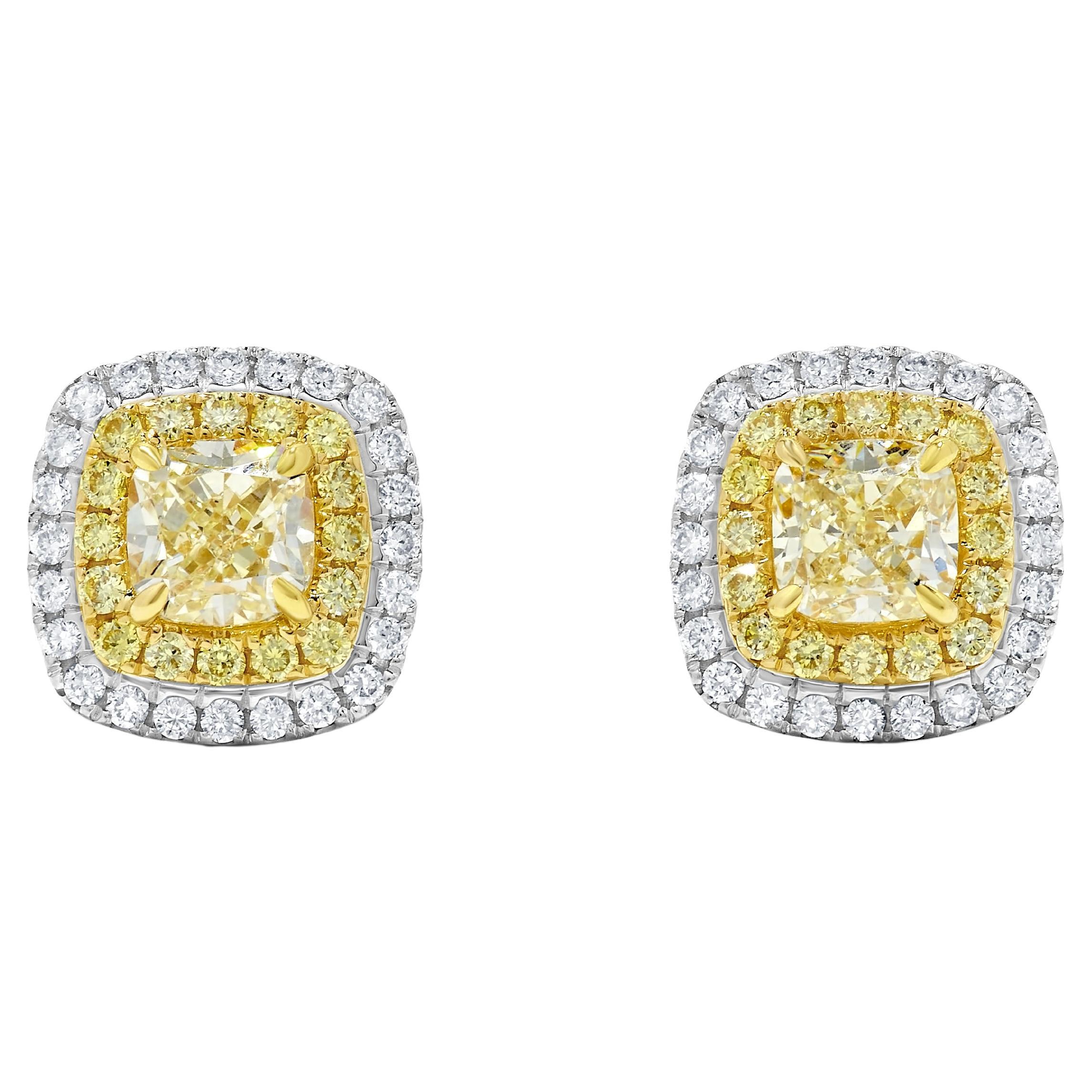 Natural Yellow Cushion Diamond 2.10 Carat TW Gold Stud Earrings For Sale