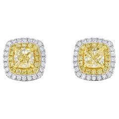 Natural Yellow Cushion Diamond 2.10 Carat TW Gold Stud Earrings