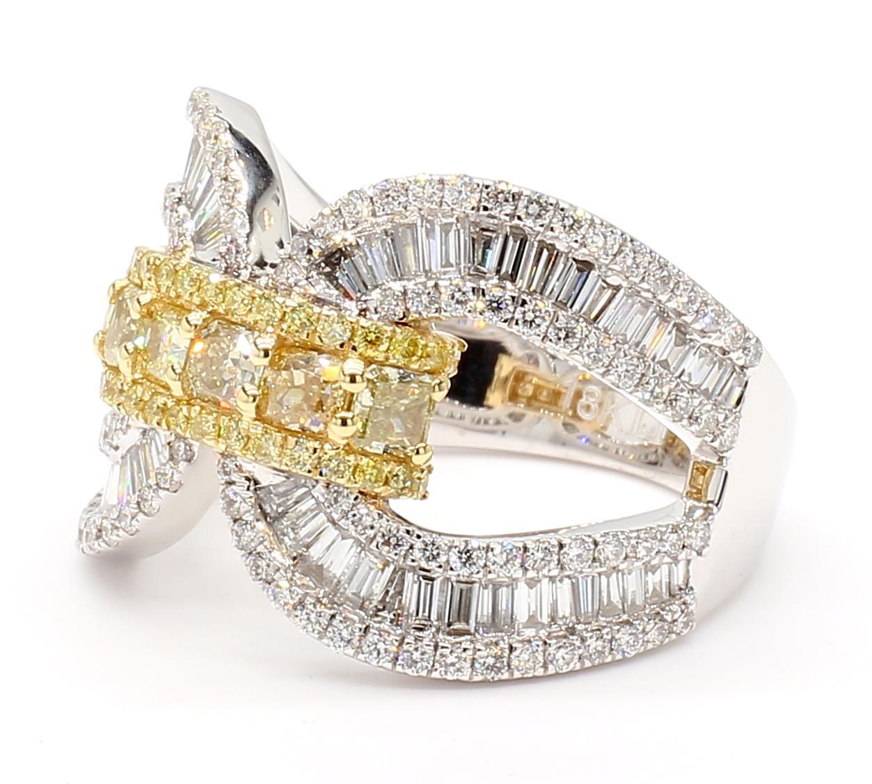 RareGemWorld's intriguing diamond cocktail band. Mounted in a beautiful 18K Yellow and White Gold setting with natural radiant cut yellow diamonds and natural cushion cut yellow diamonds complimented by natural baguette cut white diamonds and