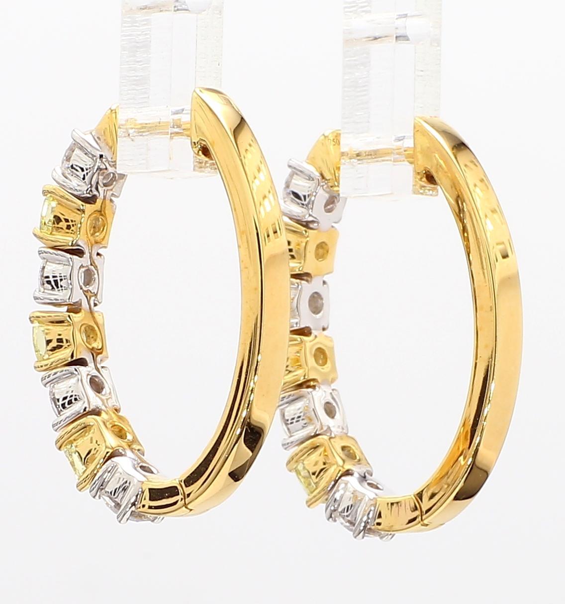 Natural Yellow Cushion Diamond 2.19 Carat TW Gold Hoop Earrings In New Condition For Sale In New York, NY