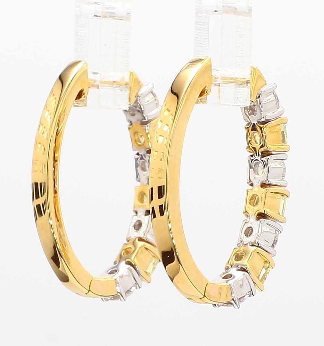 Natural Yellow Cushion Diamond 2.19 Carat TW Gold Hoop Earrings For Sale 1