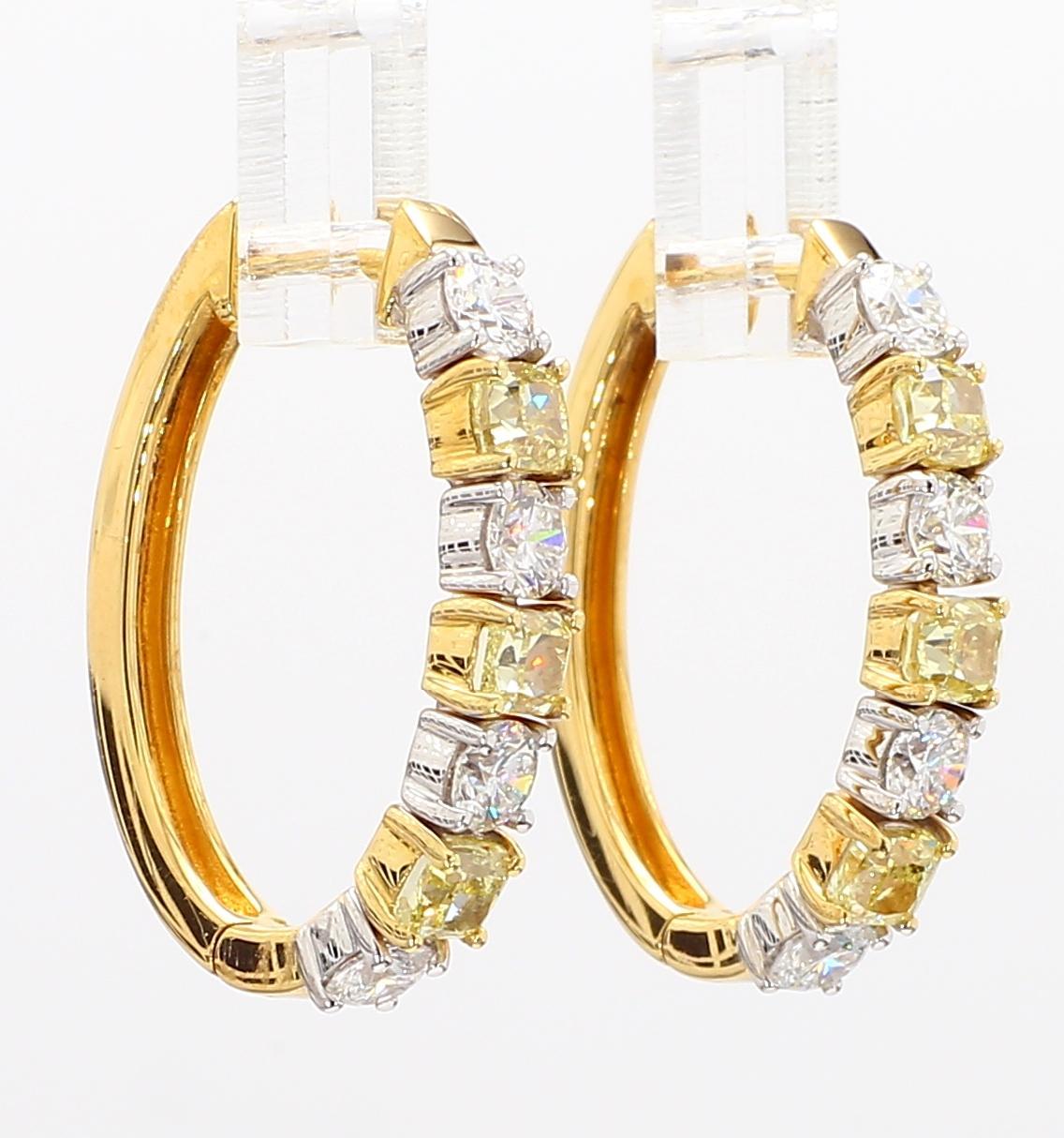 Natural Yellow Cushion Diamond 2.19 Carat TW Gold Hoop Earrings For Sale 3