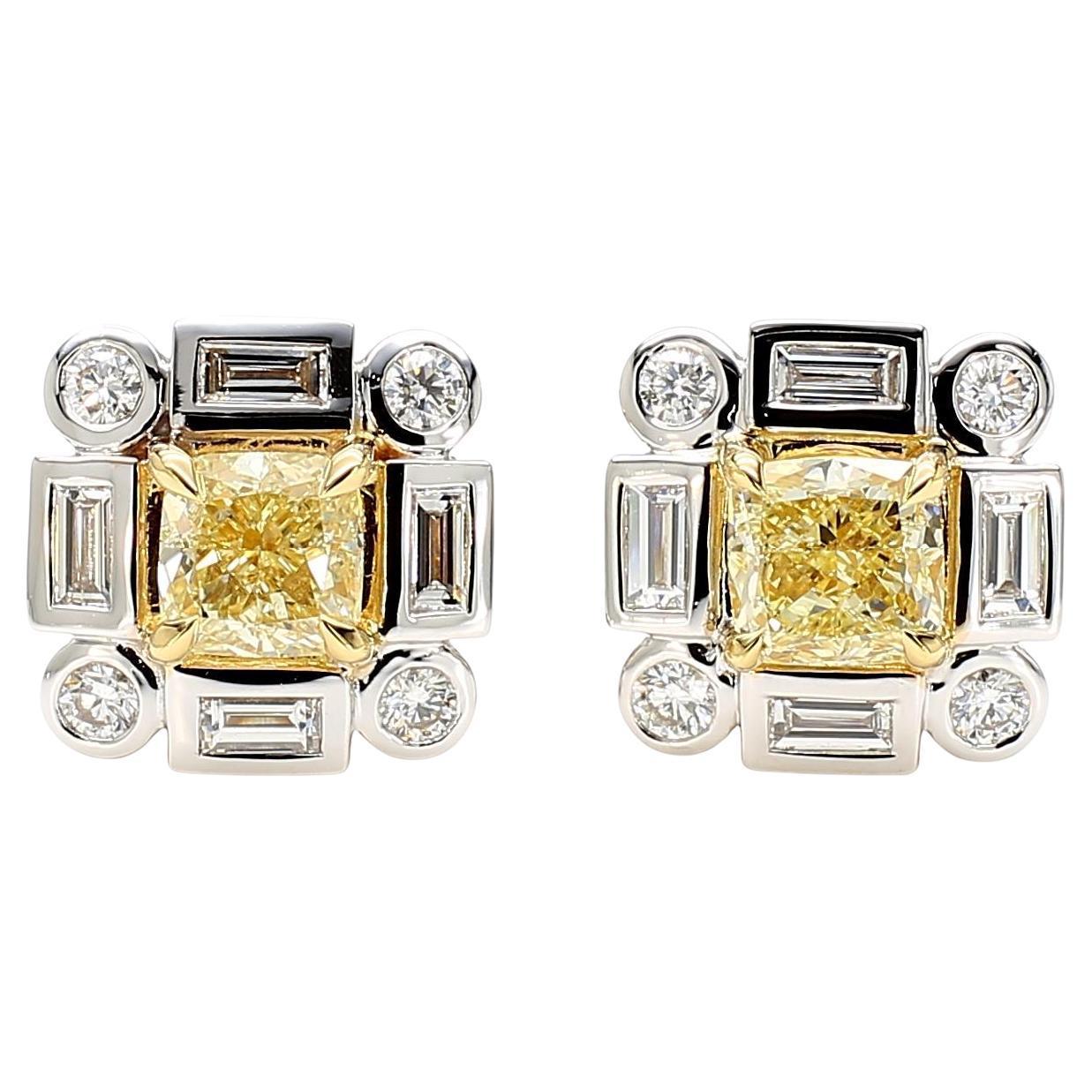 Natural Yellow Cushion Diamond 2.20 Carat TW Gold Stud Earrings