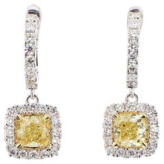 Tropfenohrringe aus Gold mit natürlichem gelbem Diamant im Kissenschliff 2.35 Karat TW
