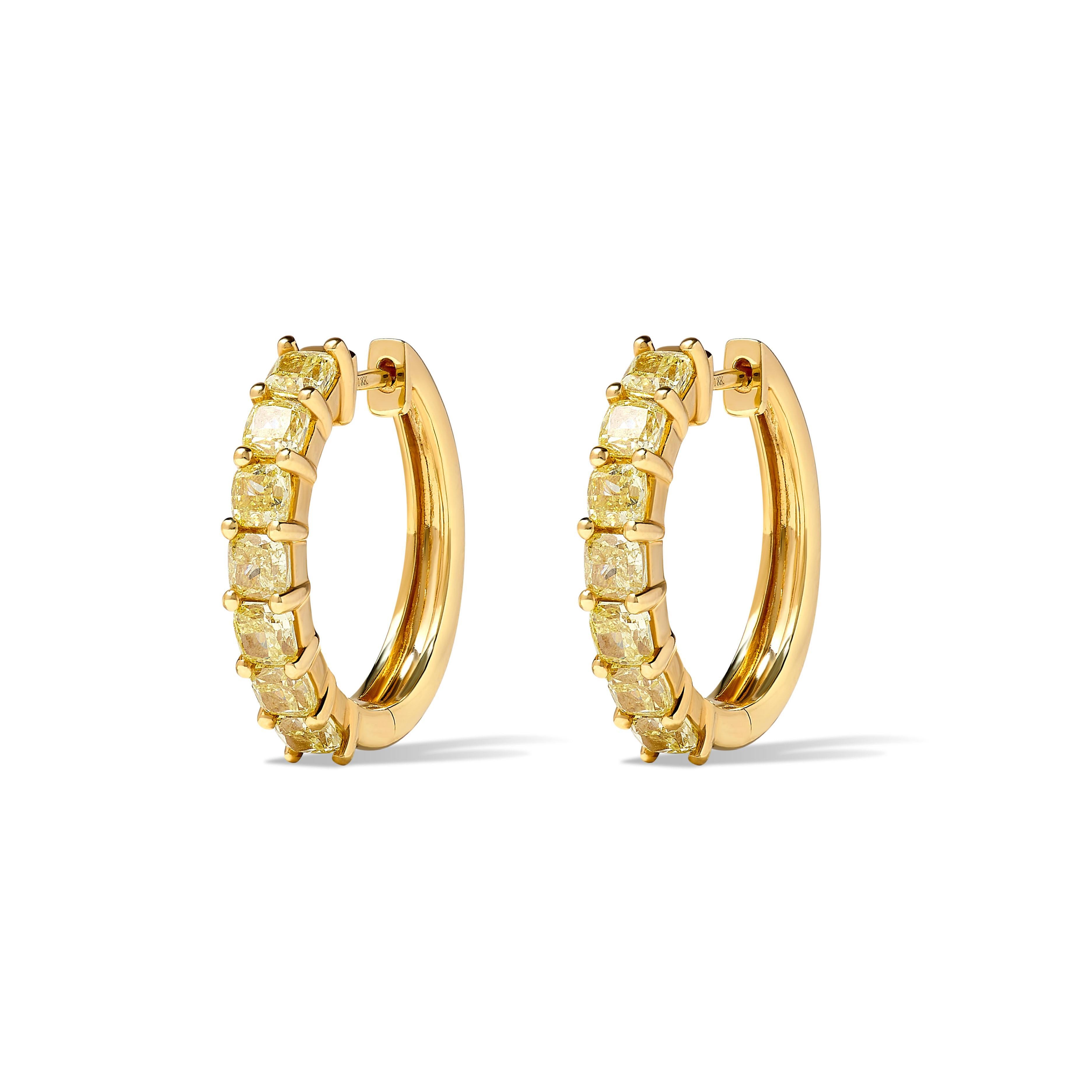 RareGemWorld's classic diamond earrings. Mounted in a beautiful 18K Yellow Gold setting with natural cushion cut yellow diamonds. These earrings are guaranteed to impress and enhance your personal collection!

Total Weight: 3.19cts

Length x Width: