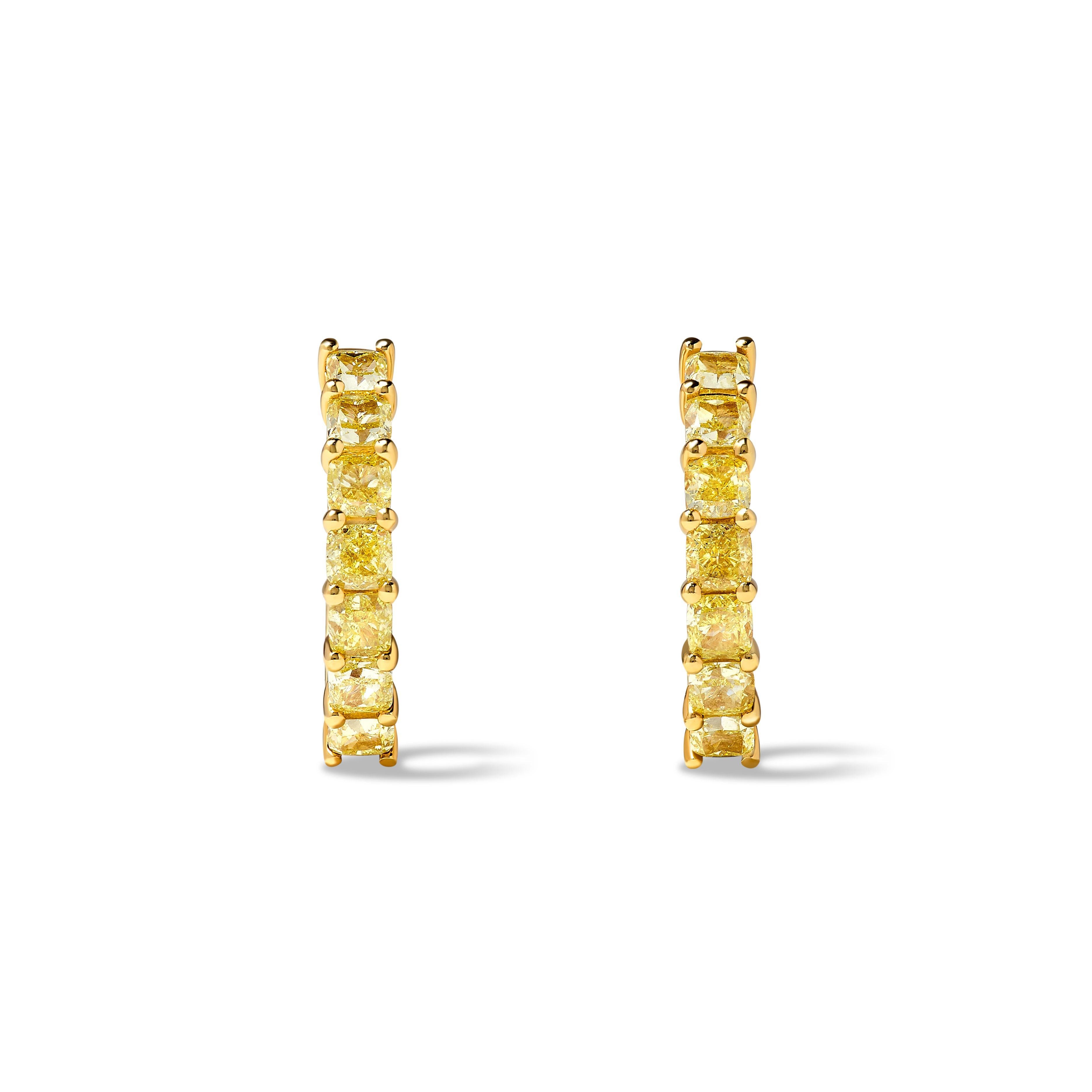 Contemporary Natural Yellow Cushion Diamond 3.19 Carat TW Yellow Gold Hoop Earrings For Sale