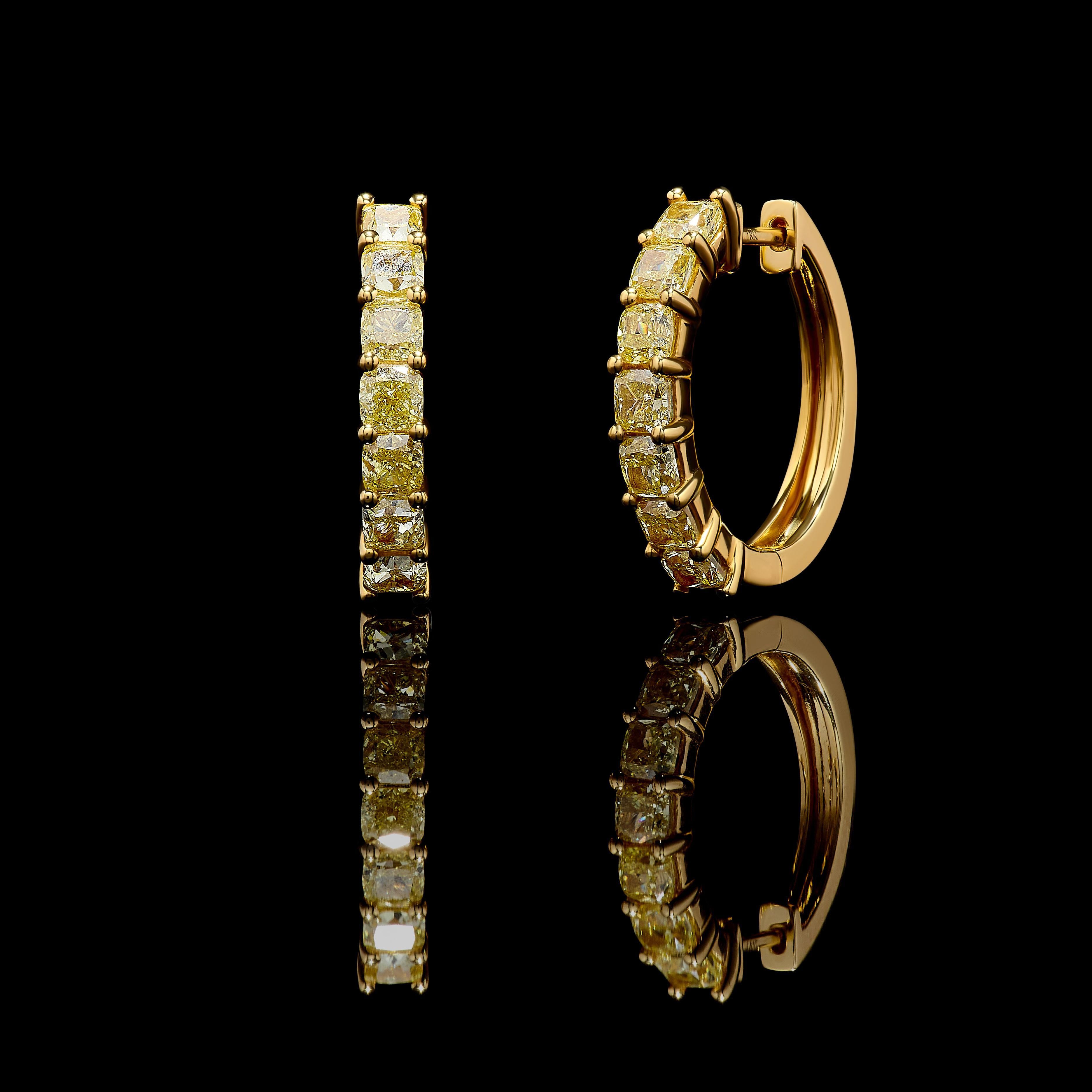 Cushion Cut Natural Yellow Cushion Diamond 3.19 Carat TW Yellow Gold Hoop Earrings For Sale