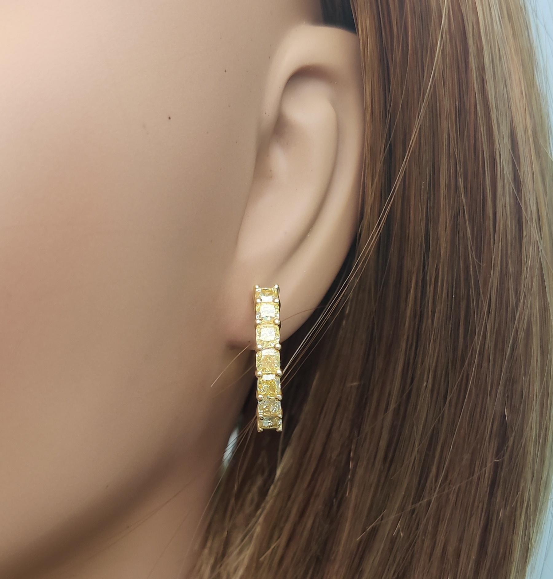 Natural Yellow Cushion Diamond 3.19 Carat TW Yellow Gold Hoop Earrings In New Condition For Sale In New York, NY