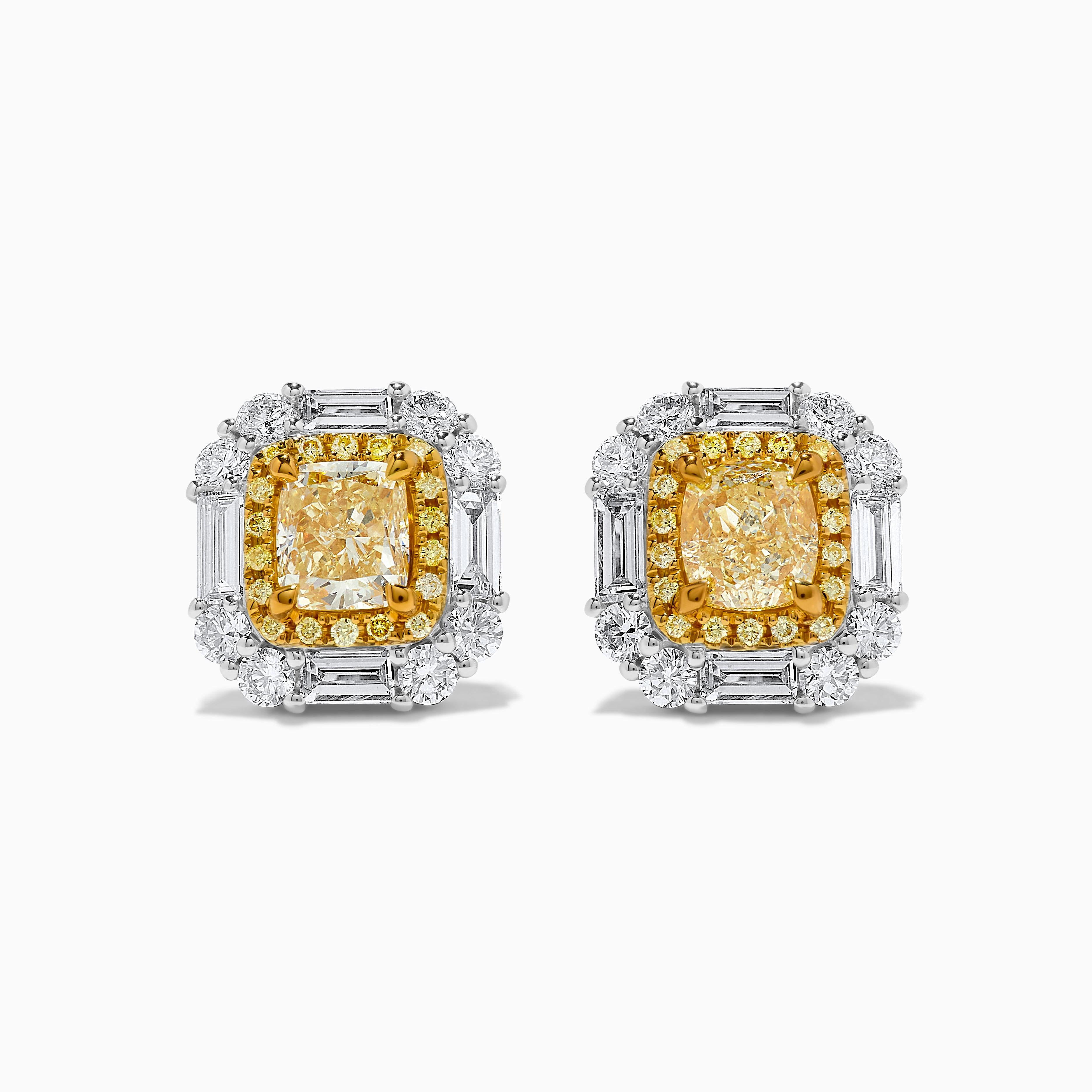 Contemporary Natural Yellow Cushion Diamond 3.65 Carat TW Gold Stud Earrings For Sale