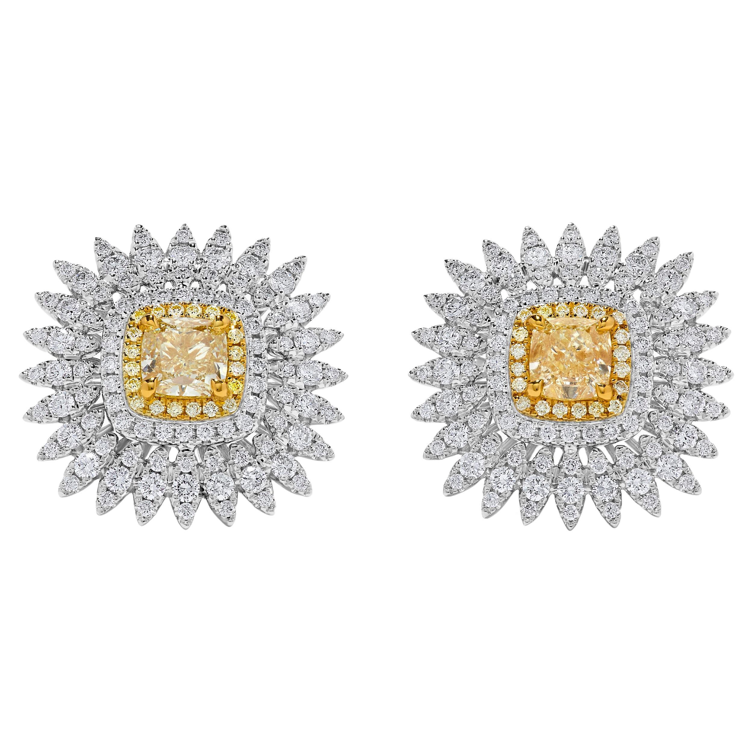 Natural Yellow Cushion Diamond 3.95 Carat TW Gold Stud Earrings