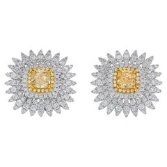 Natural Yellow Cushion Diamond 3.95 Carat TW Gold Stud Earrings