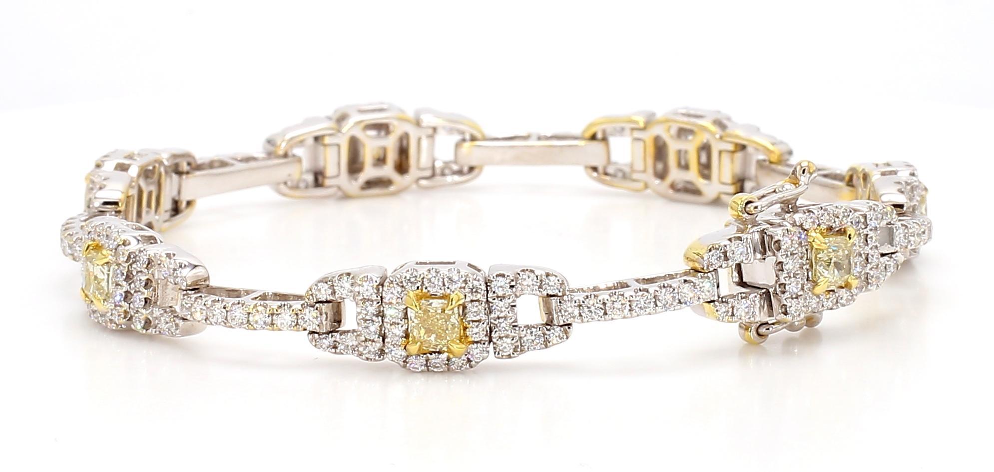 Cushion Cut Natural Yellow Cushion Diamond 4.30 Carat TW Gold Tennis Bracelet For Sale