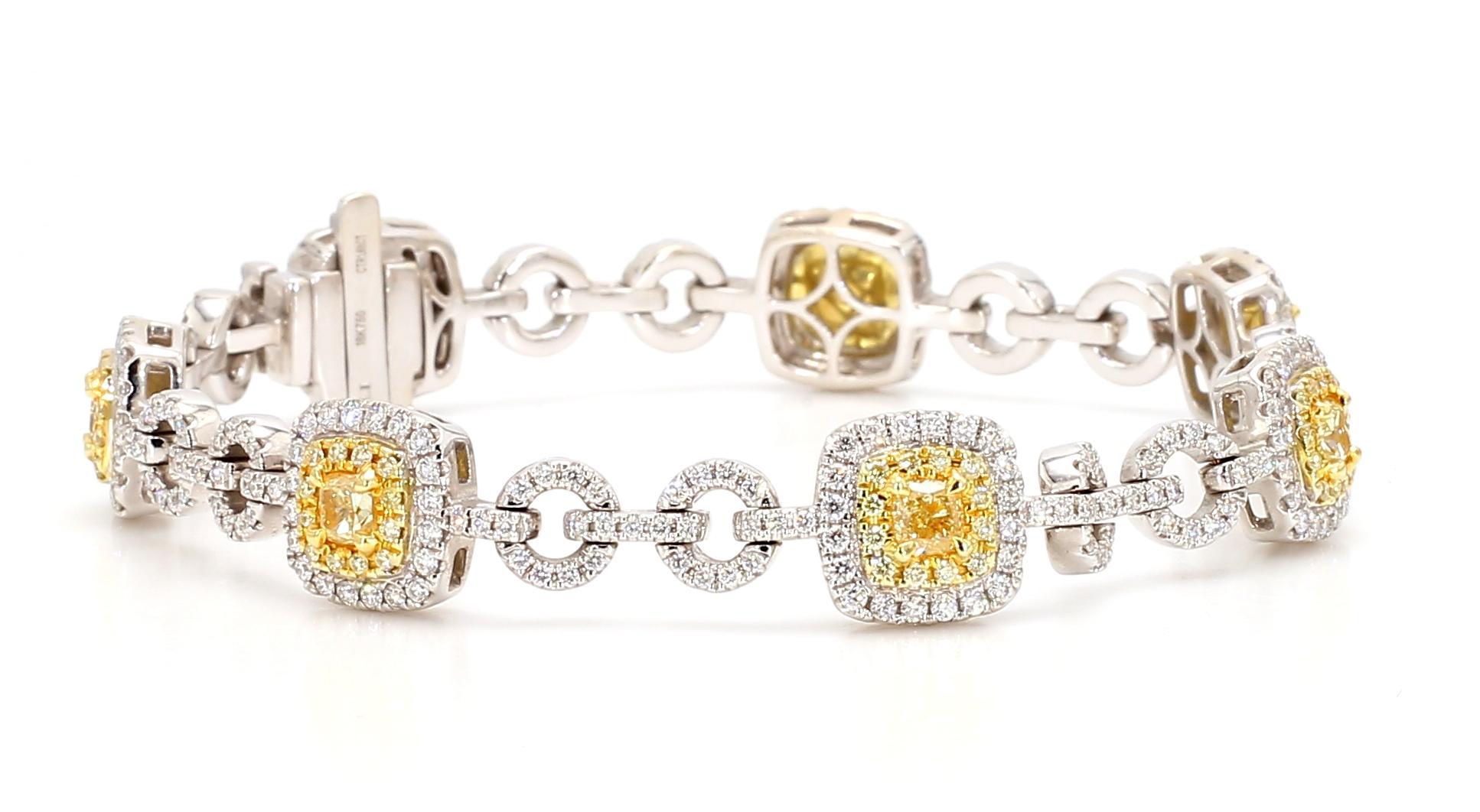 Contemporary Natural Yellow Cushion Diamond 4.97 Carat TW Gold Tennis Bracelet For Sale