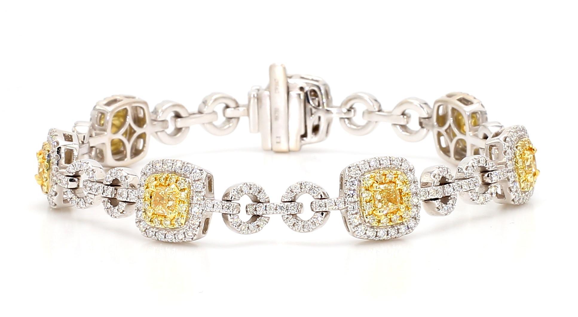 Cushion Cut Natural Yellow Cushion Diamond 4.97 Carat TW Gold Tennis Bracelet For Sale