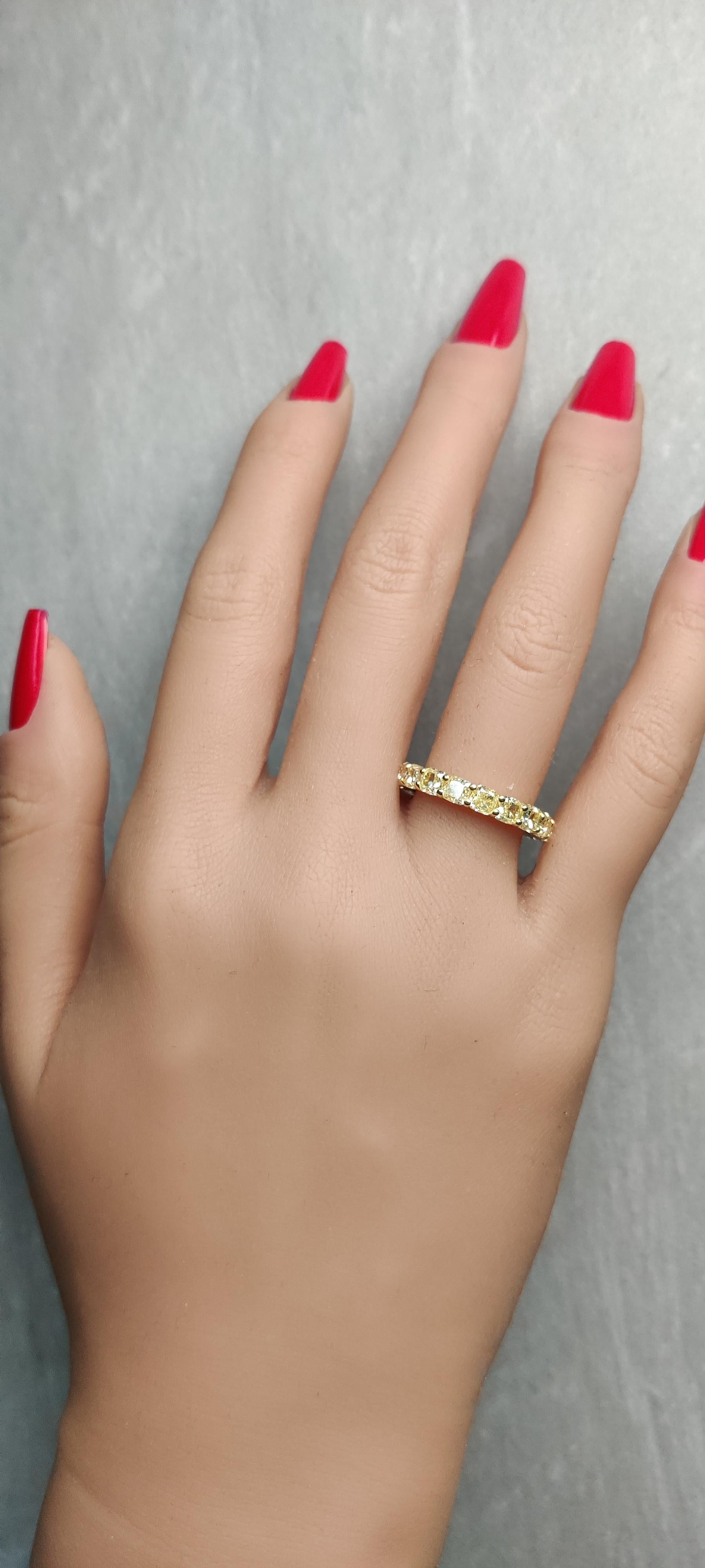 Natural Yellow Cushion Diamond 5.61 Carat TW Yellow Gold Eternity Band For Sale 2
