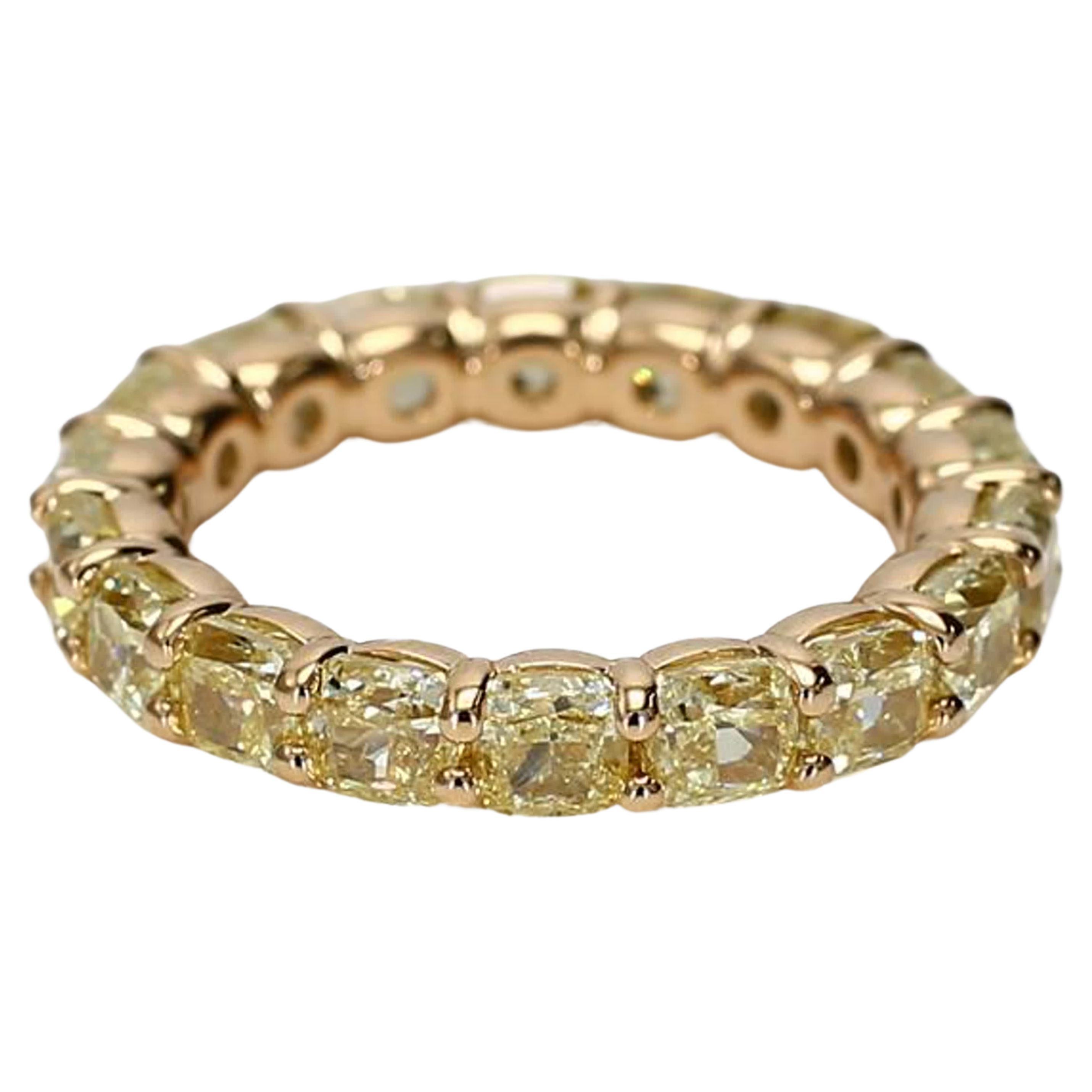 Natural Yellow Cushion Diamond 5.61 Carat TW Yellow Gold Eternity Band For Sale