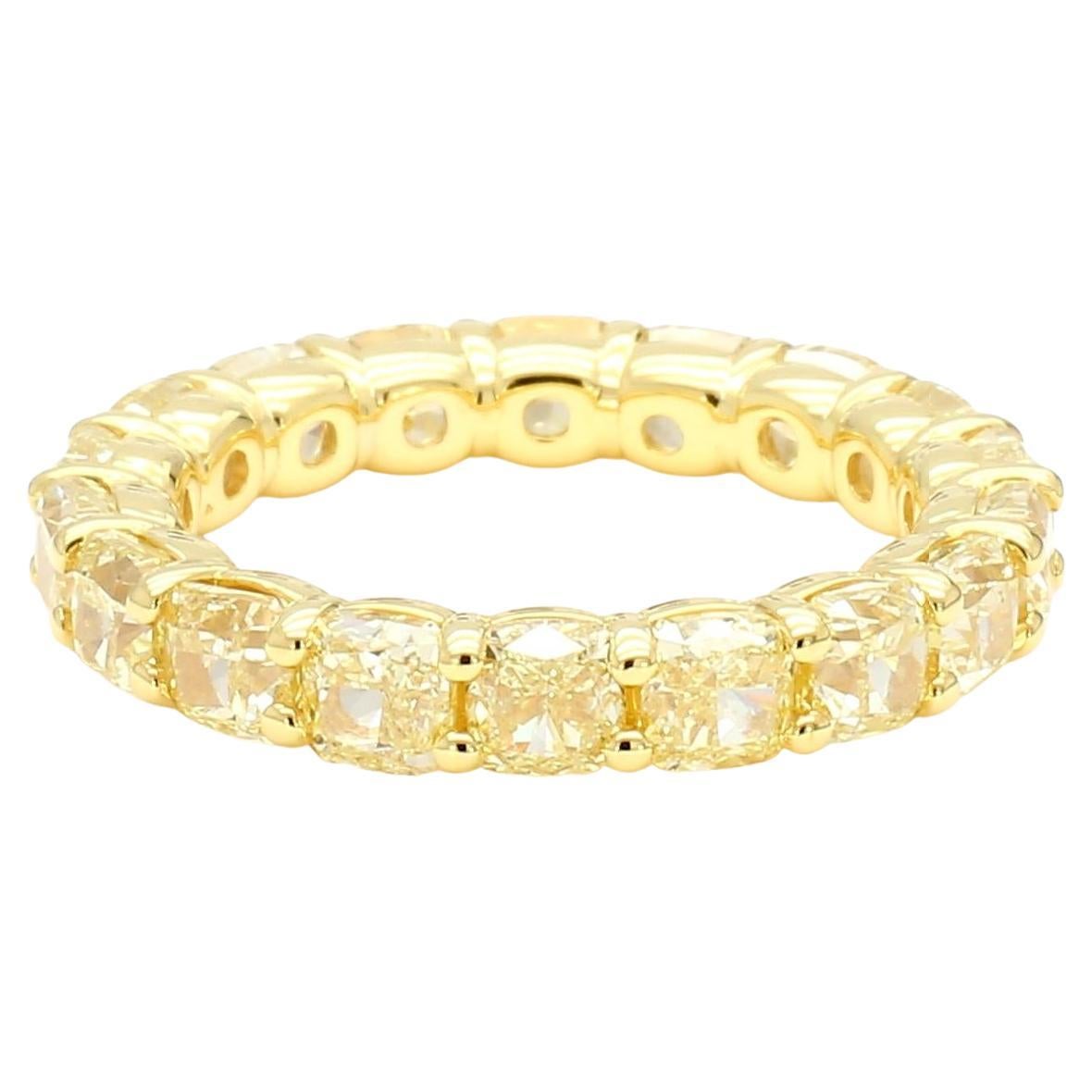 Natural Yellow Cushion Diamond 5.61 Carat TW Yellow Gold Eternity Band For Sale