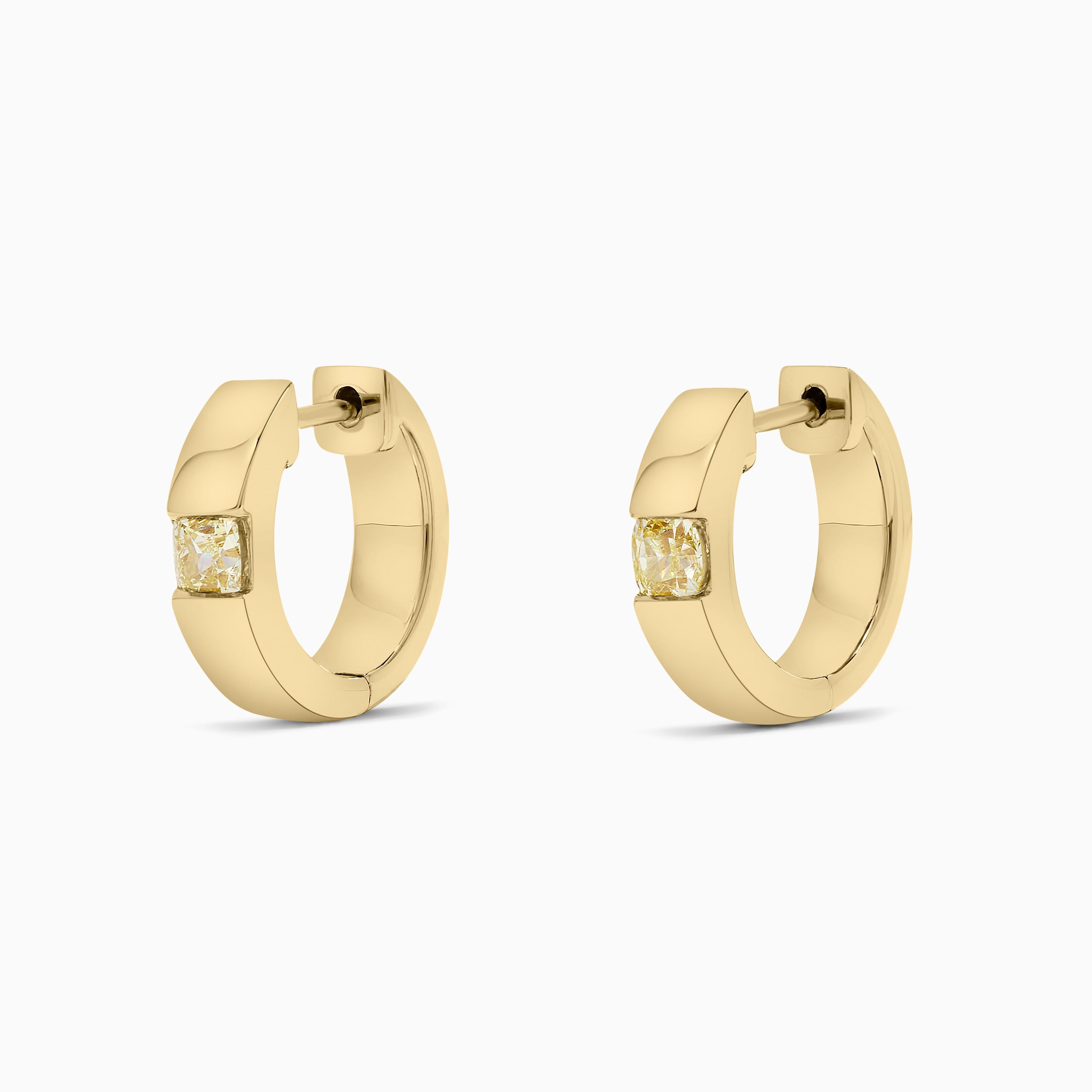Contemporary Natural Yellow Cushion Diamond .60 Carat TW Yellow Gold Hoop Earrings For Sale