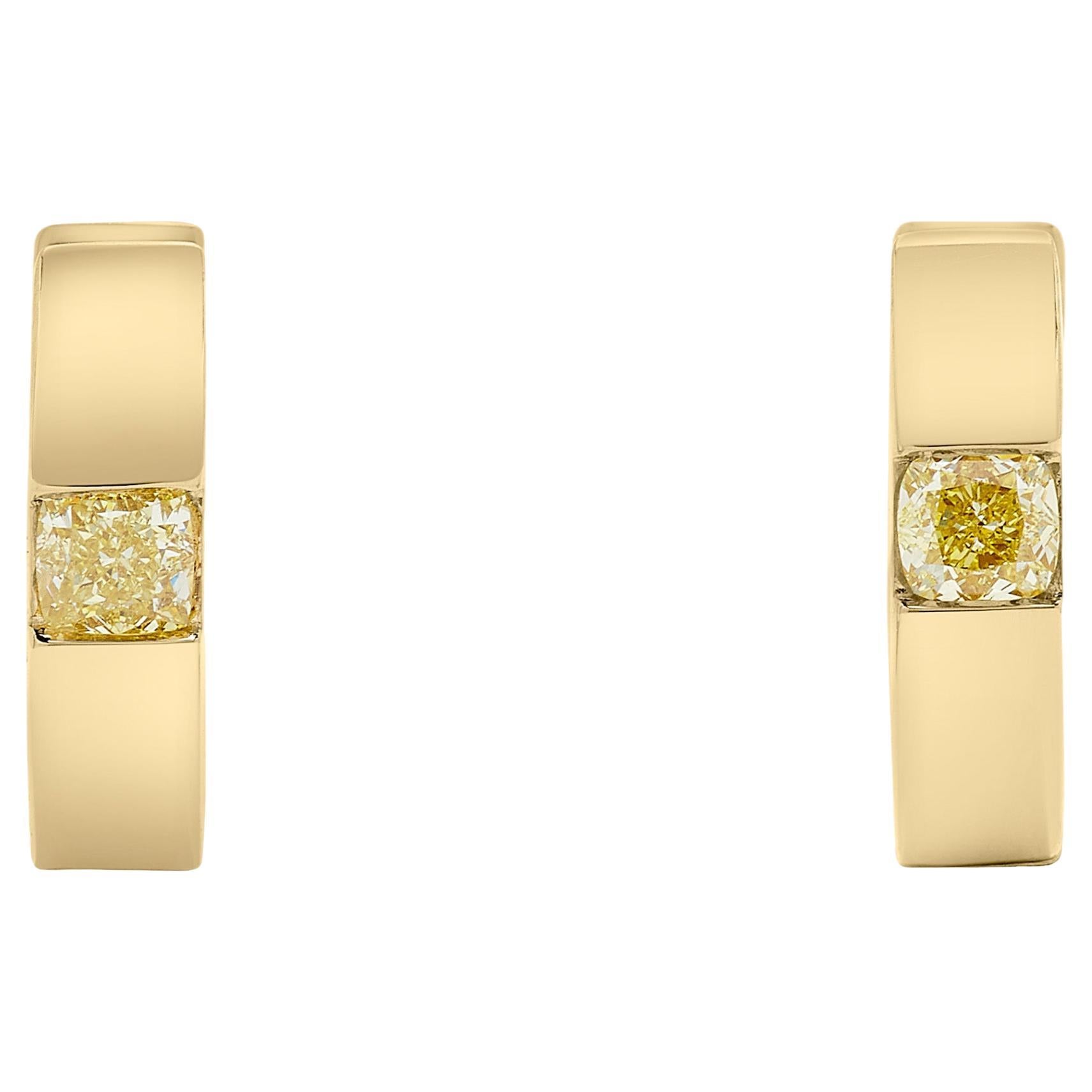 Natural Yellow Cushion Diamond .60 Carat TW Yellow Gold Hoop Earrings For Sale
