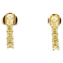 Natural Yellow Cushion Diamond .82 Carat TW Yellow Gold Drop Earrings