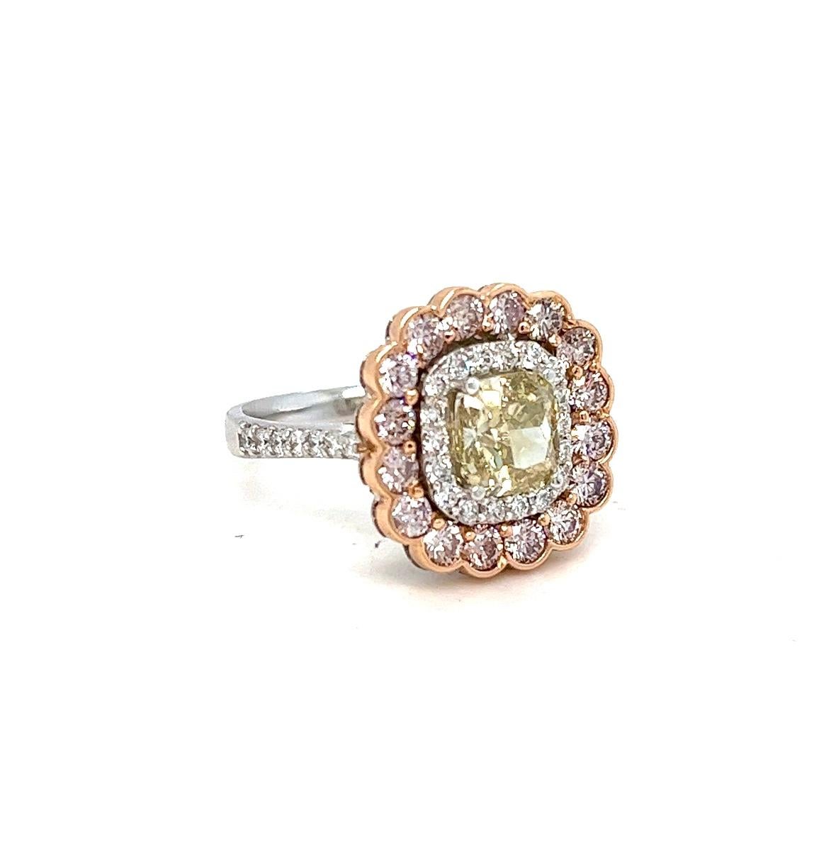 Natural Yellow  Cushion Diamond in Pink & White Diamond Halo Ring, 3.29 ctw. For Sale 6