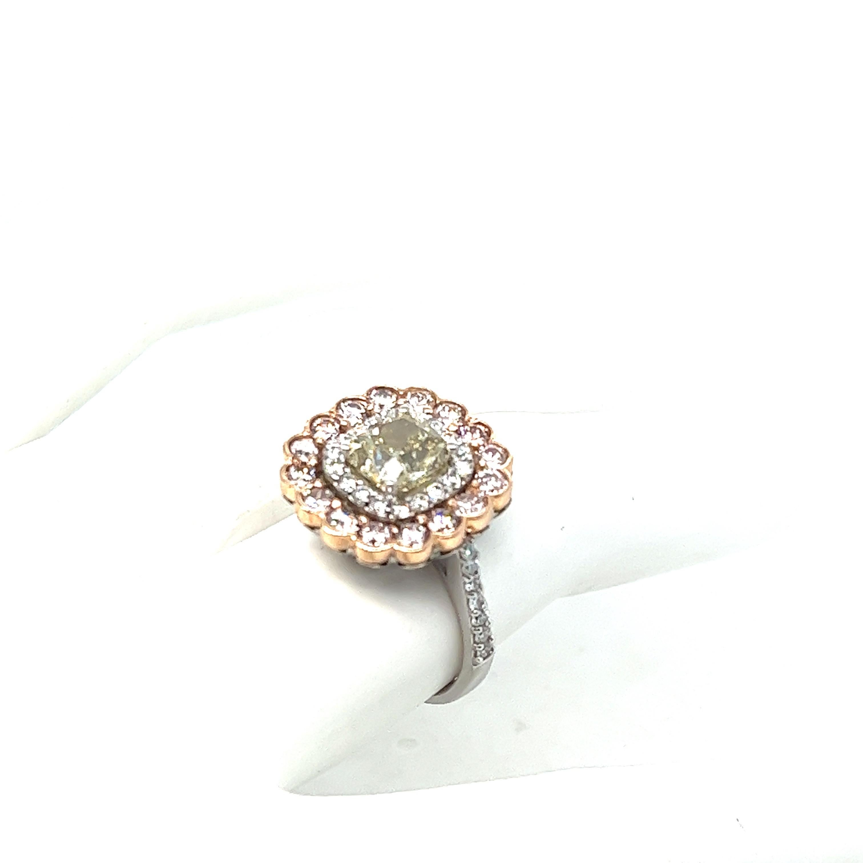 Natural Yellow  Cushion Diamond in Pink & White Diamond Halo Ring, 3.29 ctw. In Excellent Condition For Sale In Miami, FL