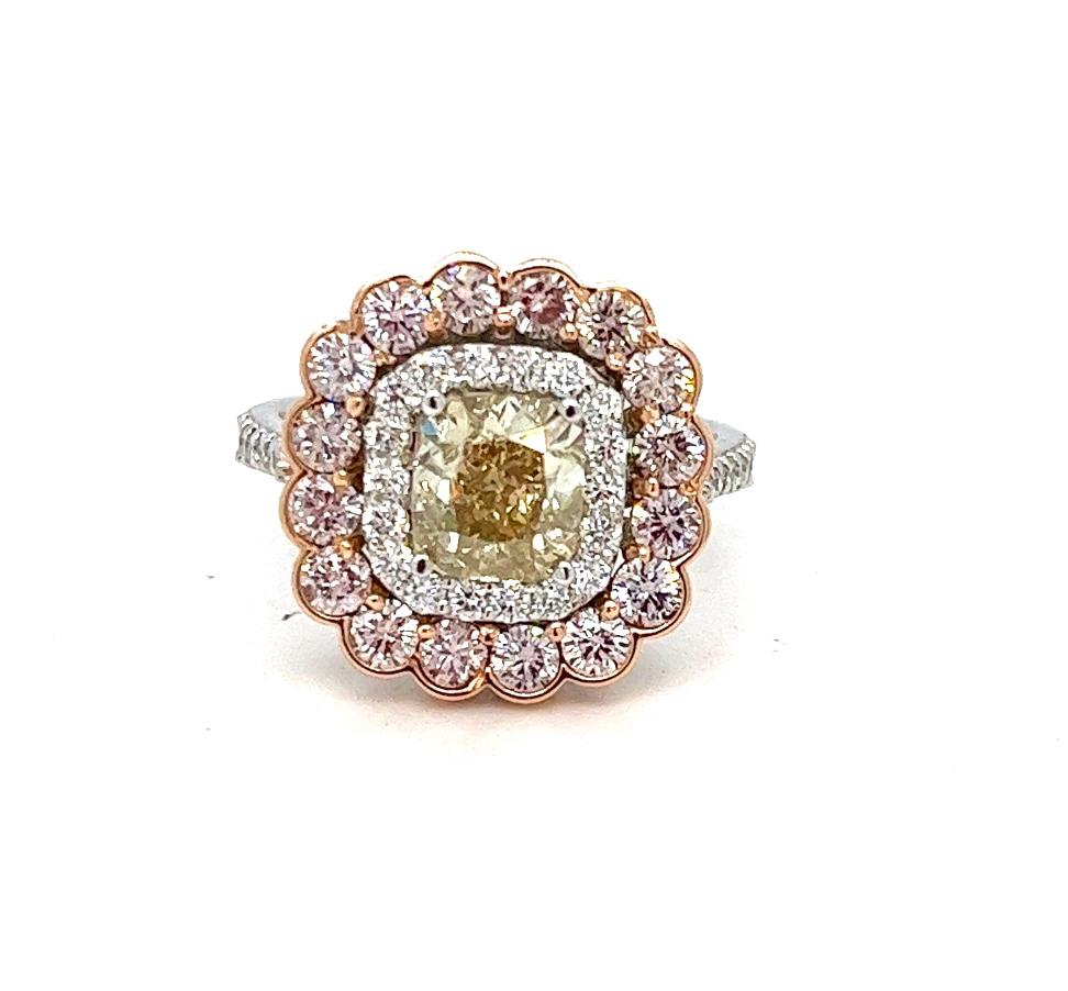 Natural Yellow  Cushion Diamond in Pink & White Diamond Halo Ring, 3.29 ctw. For Sale 1