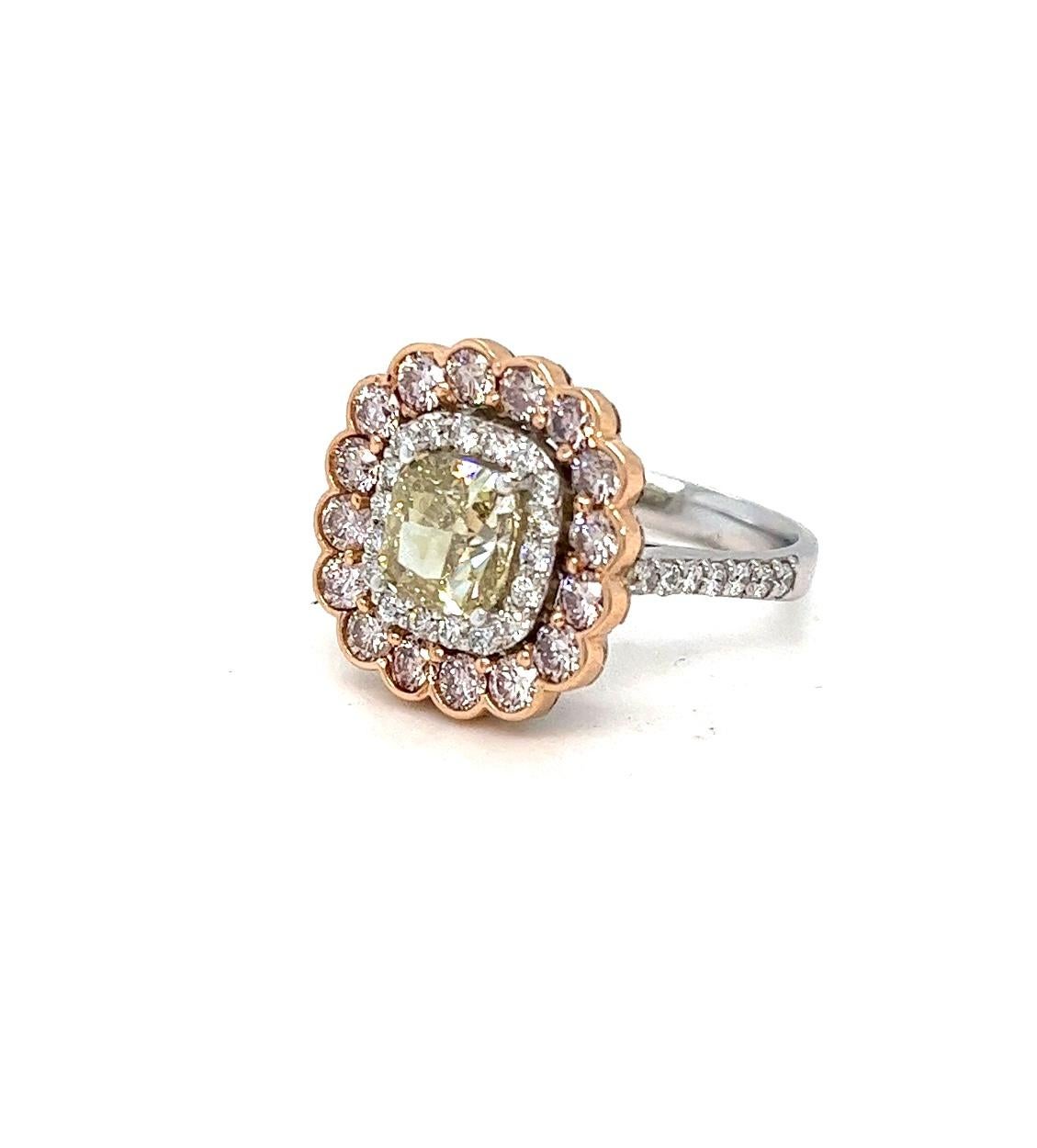 Natural Yellow  Cushion Diamond in Pink & White Diamond Halo Ring, 3.29 ctw. For Sale 3