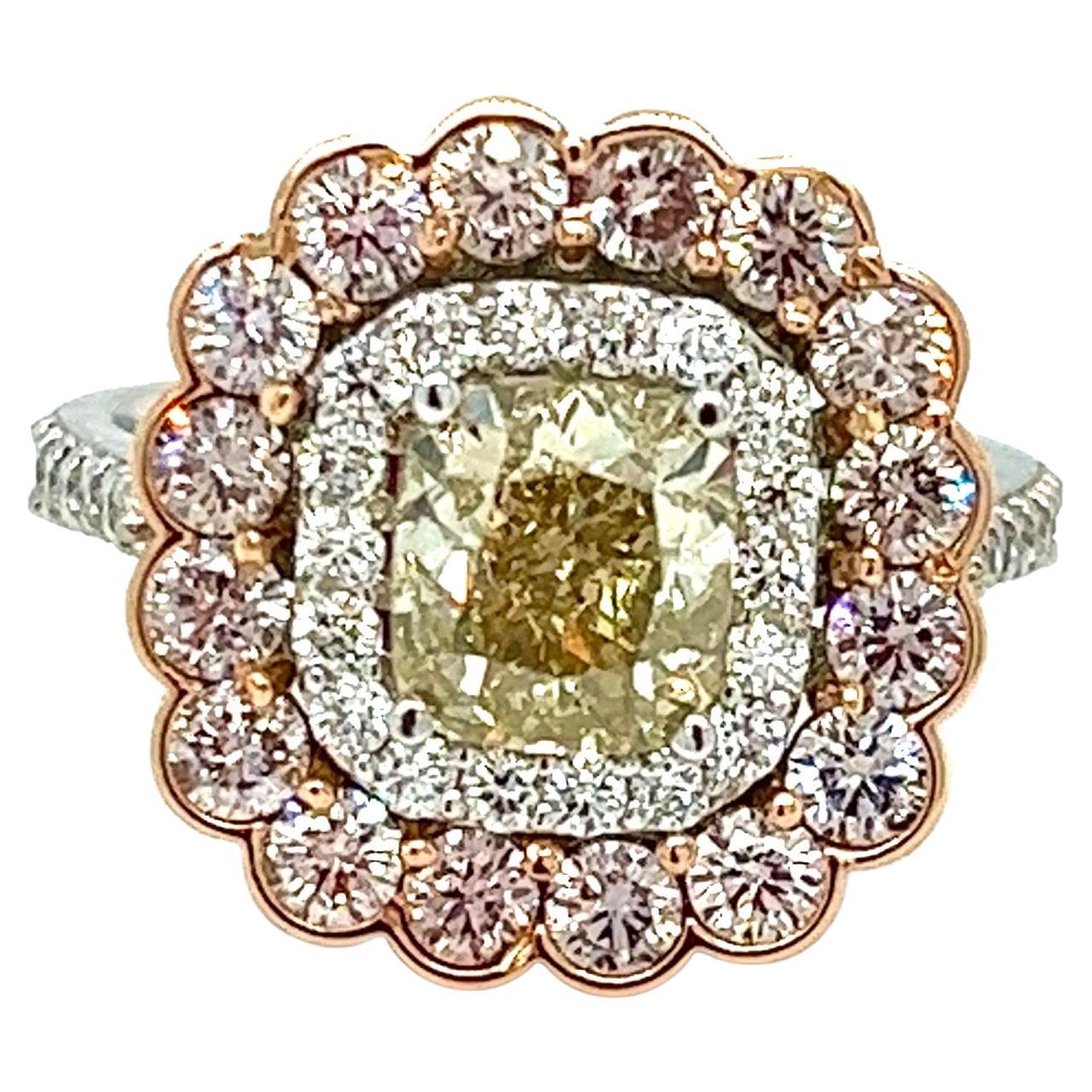 Natural Yellow  Cushion Diamond in Pink & White Diamond Halo Ring, 3.29 ctw. For Sale