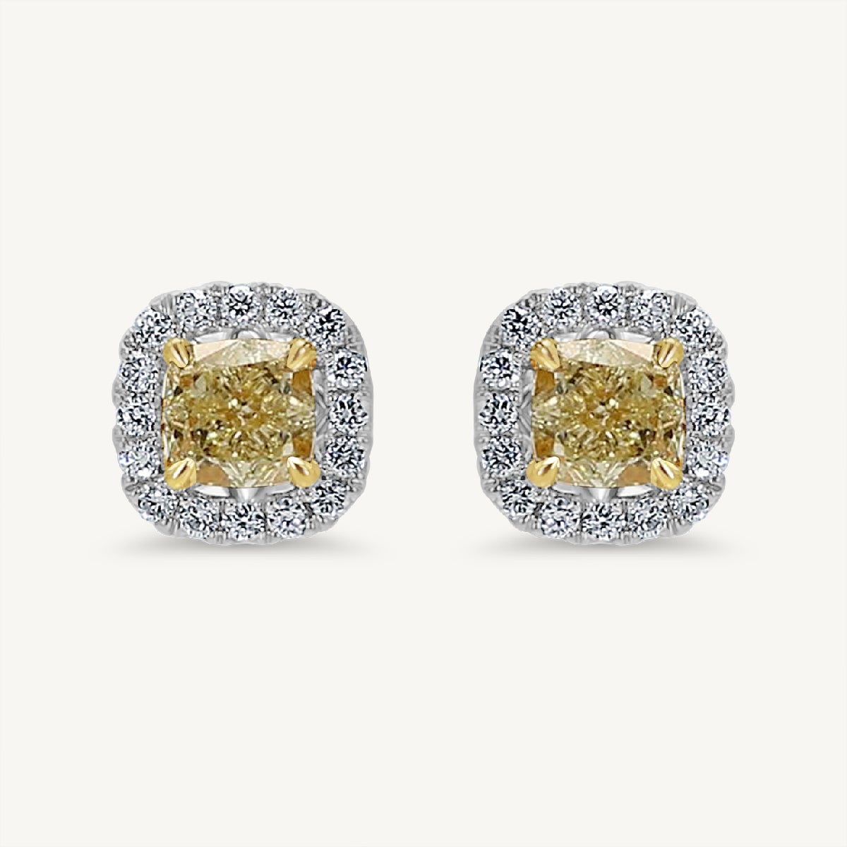 Natural Yellow Cushions and White Diamond 1.72 Carat TW Gold Stud Earrings