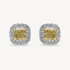 Natural Yellow Cushions and White Diamond 1.72 Carat TW Gold Stud Earrings