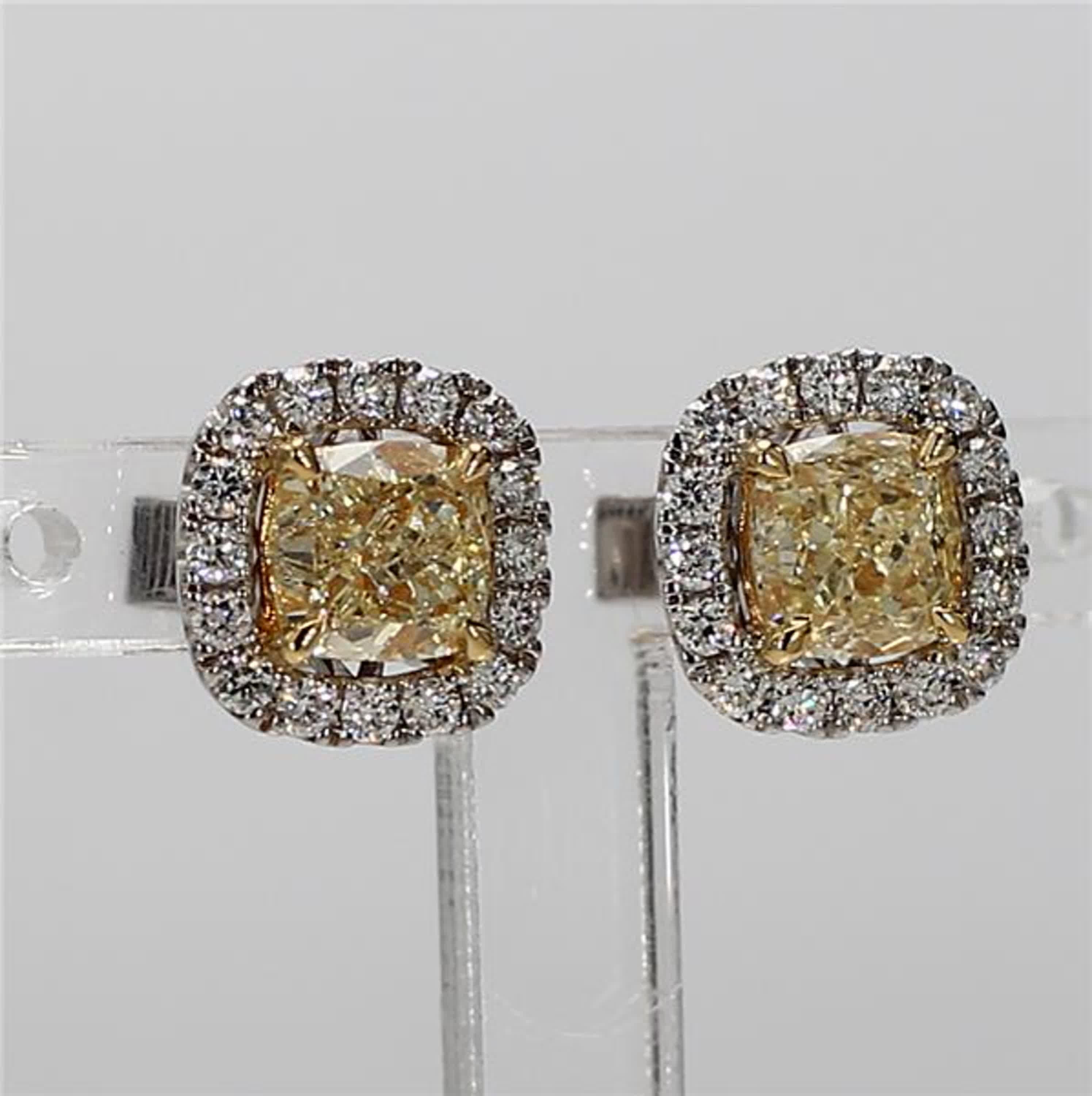 Cushion Cut Natural Yellow Cushions and White Diamond 1.72 Carat TW Gold Stud Earrings