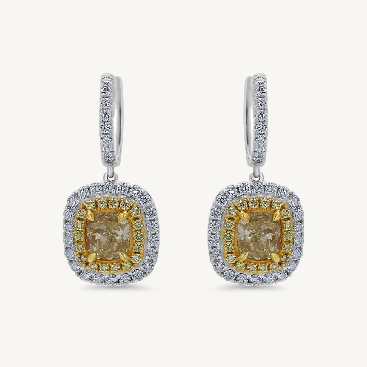 Natural Yellow Cushions and White Diamond 4.58 Carat TW Gold Dangle Earrings
