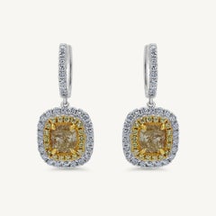 Natural Yellow Cushions and White Diamond 4.58 Carat TW Gold Dangle Earrings