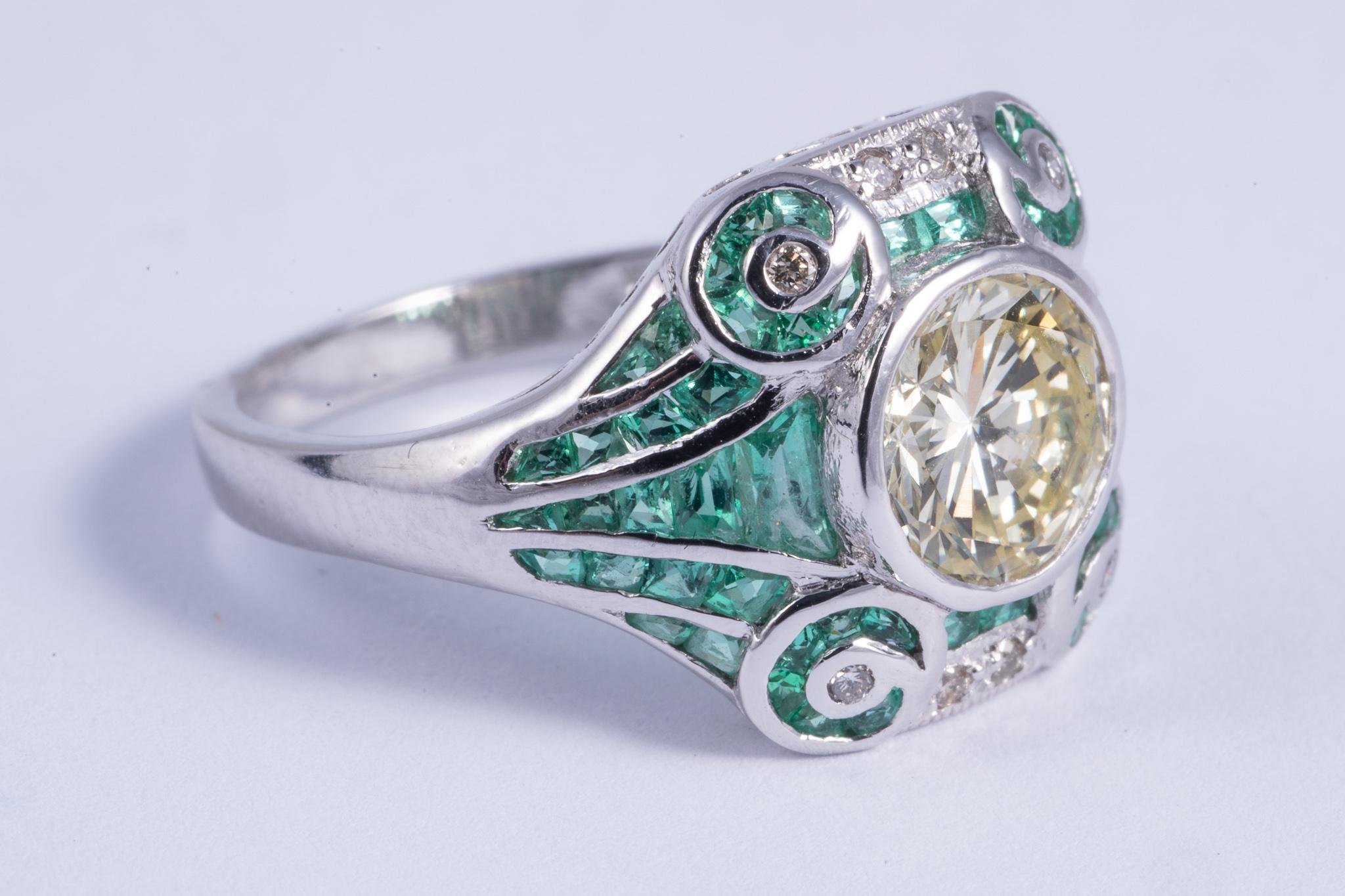 Art Deco Natural Yellow Diamond and Emerald Ring