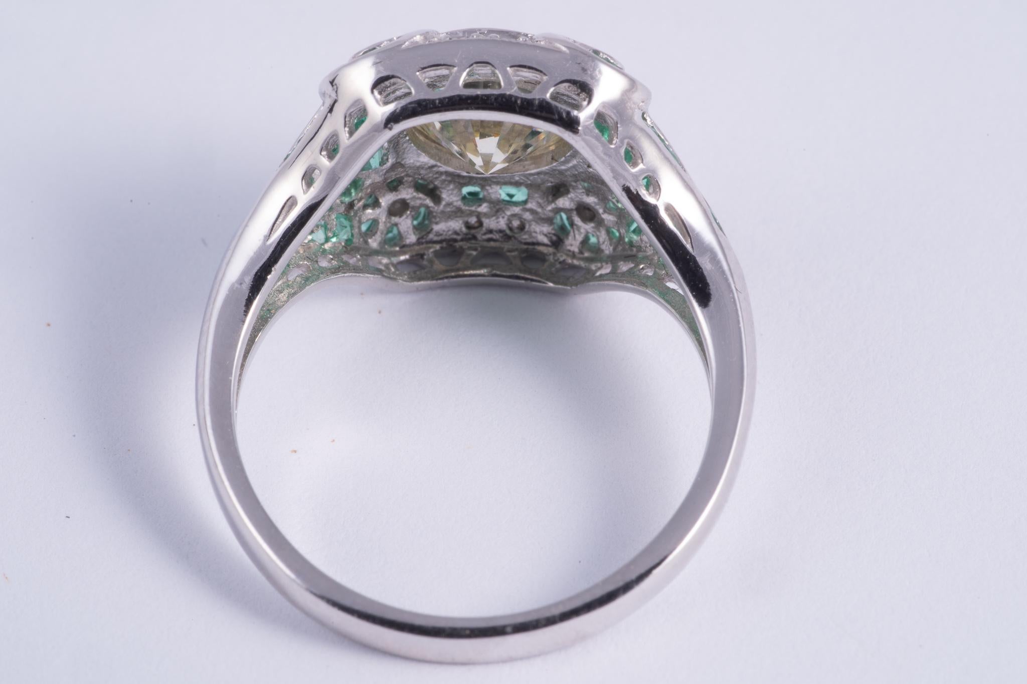 Round Cut Natural Yellow Diamond and Emerald Ring