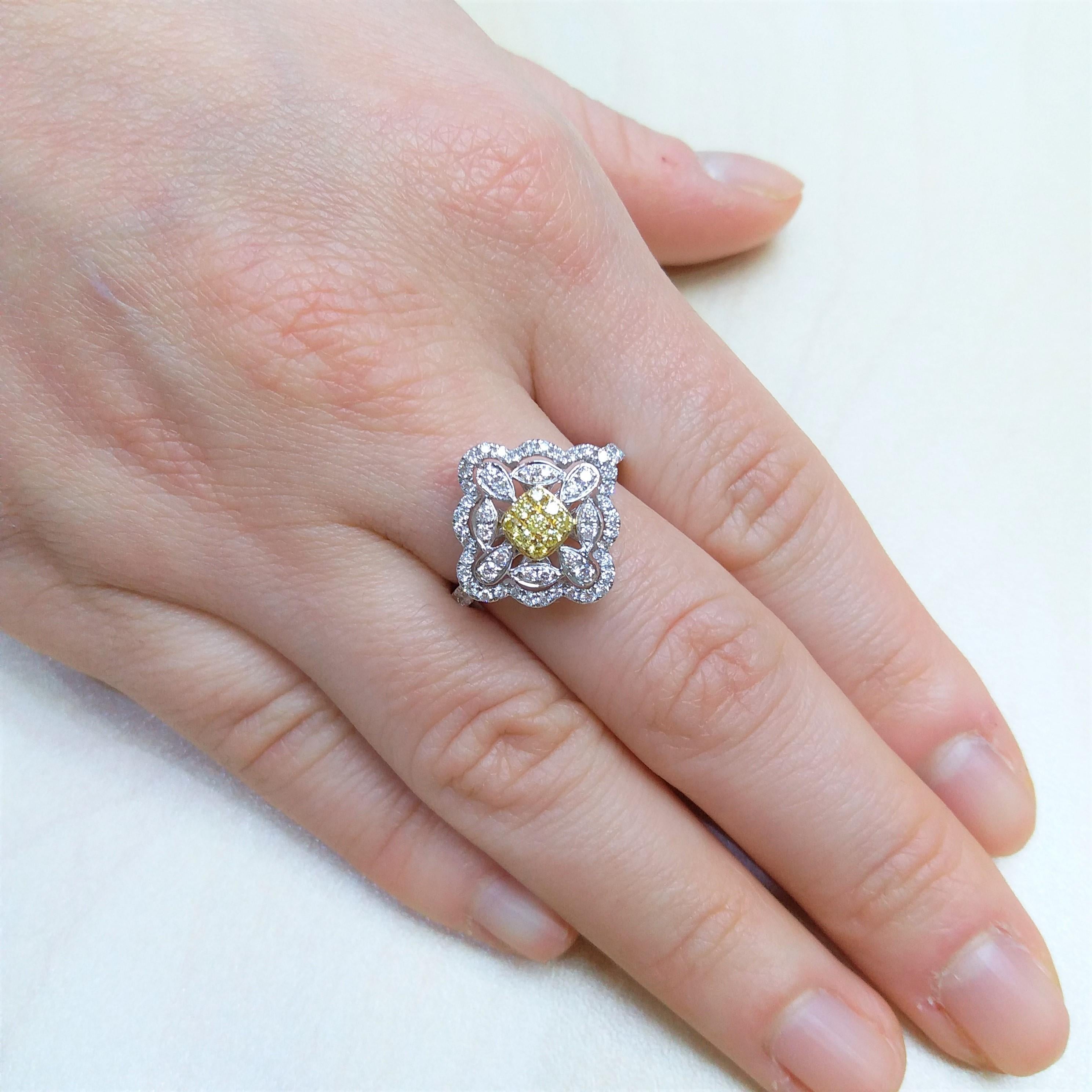 Natural Yellow Diamond and White Diamond Cocktail Ring in Platinum For Sale 1