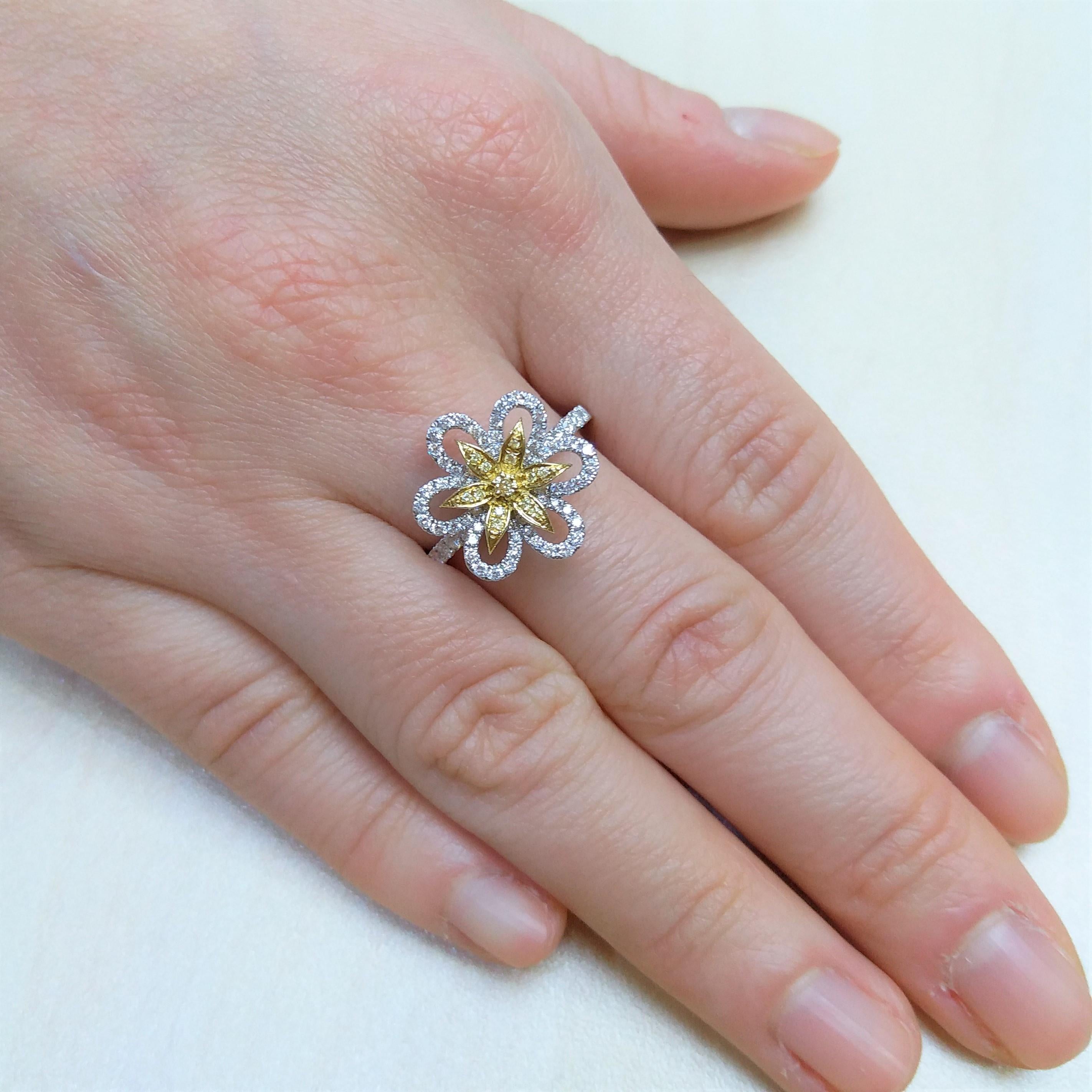 Natural Yellow Diamond and White Diamond Floral Cocktail Ring in Platinum For Sale 1