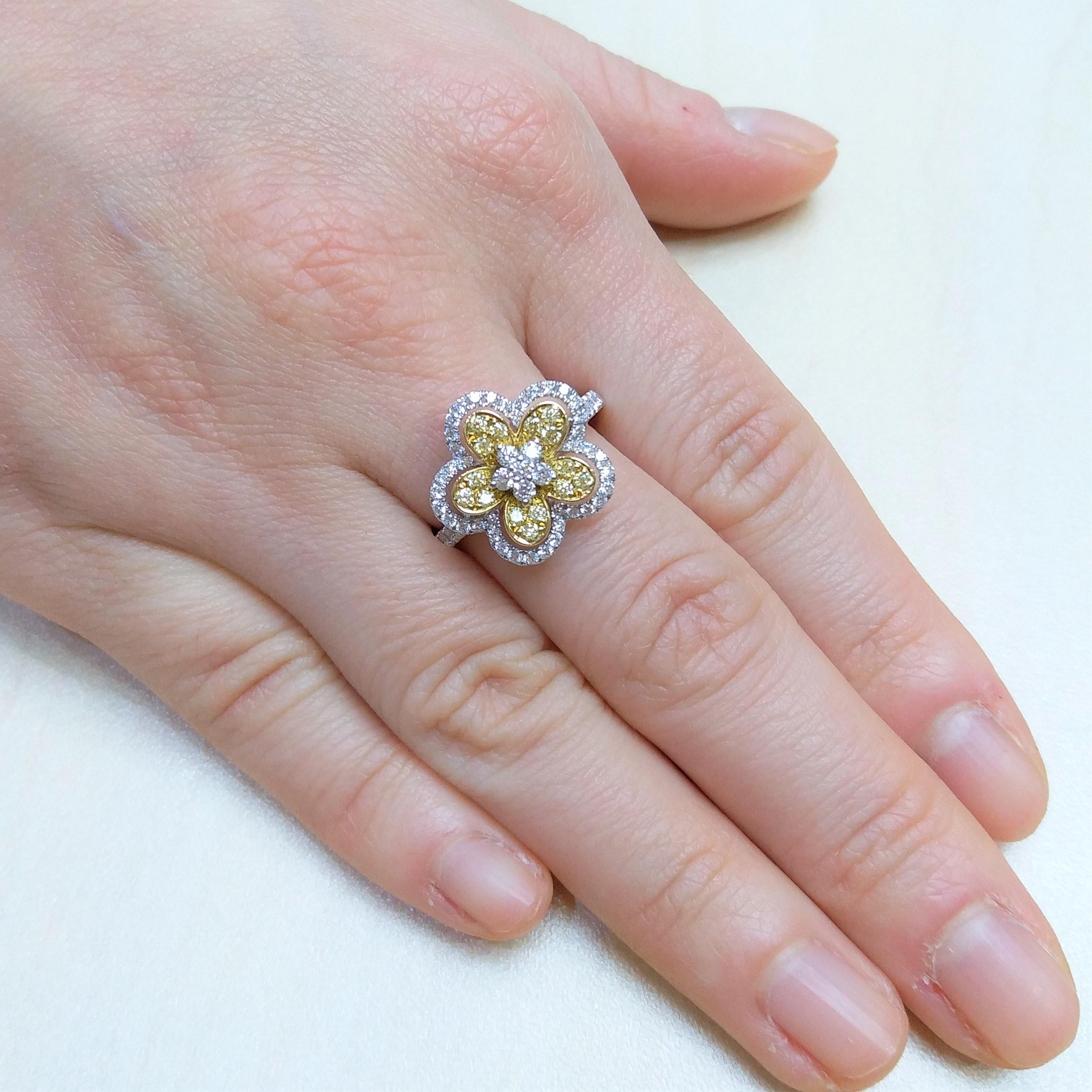 Natural Yellow Diamond and White Diamond Floral Cocktail Ring in Platinum For Sale 2