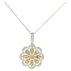 Natural Yellow Diamond and White Diamond Floral Pendant Necklace in 18K Gold