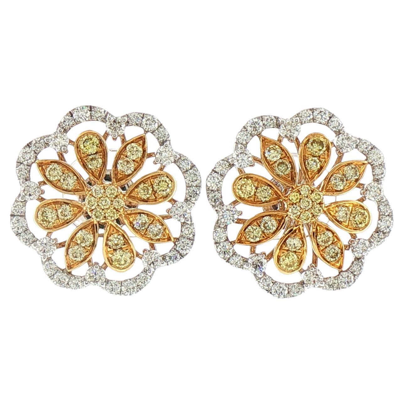 Natural Yellow Diamond and White Diamond Floral Stud Earrings in 18K Gold