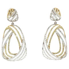 Natural Yellow Diamond and White Diamond Hoop Dangle Earrings 18K Gold