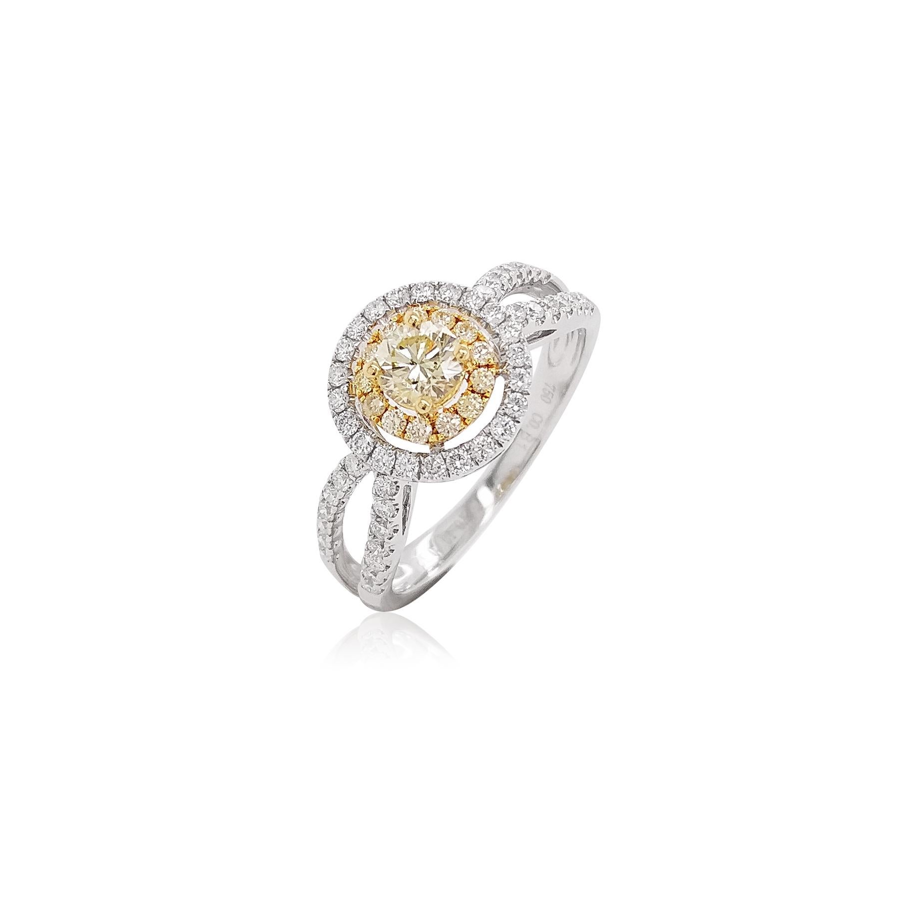 Round Cut Natural Yellow Diamond White Diamond 18 Karat Gold Engagement Ring