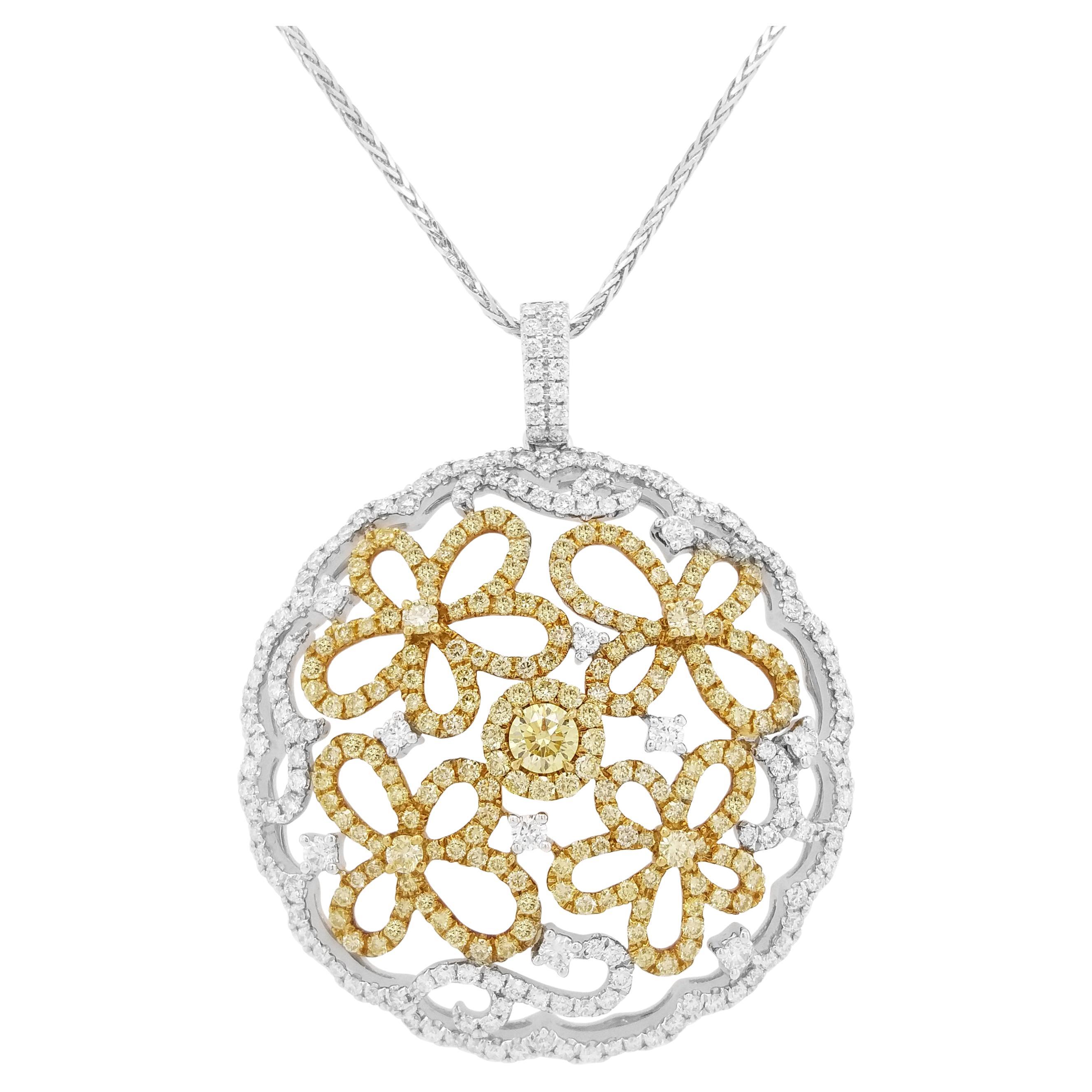 Natural Yellow Diamond White Diamond Platinum Pendant Necklace