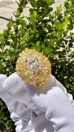 Natural Yellow Diamond and White Diamond Oval Cocktail Ring 6.90 Carats 18K Gold